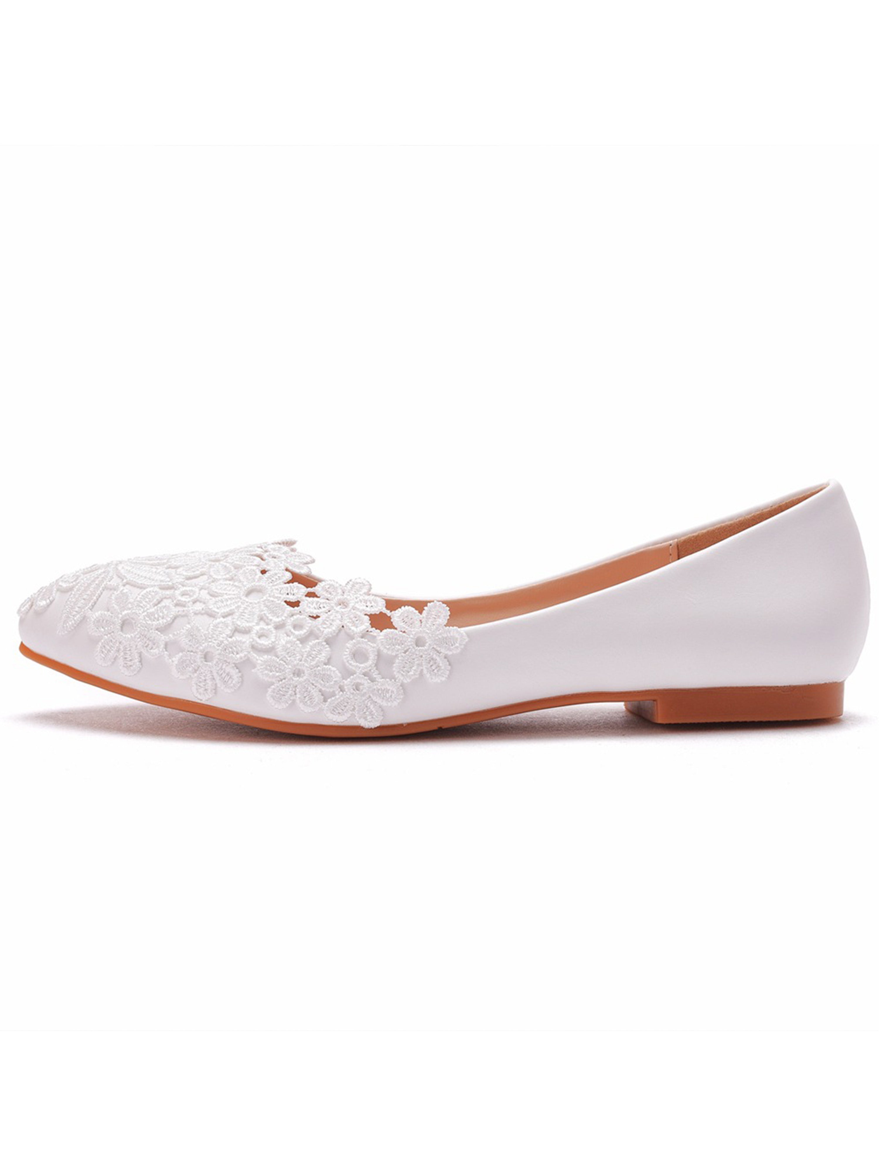 Chaussures de Mariage en Dentelle Blanches à Bout Pointu Talons Plats Décontractés
