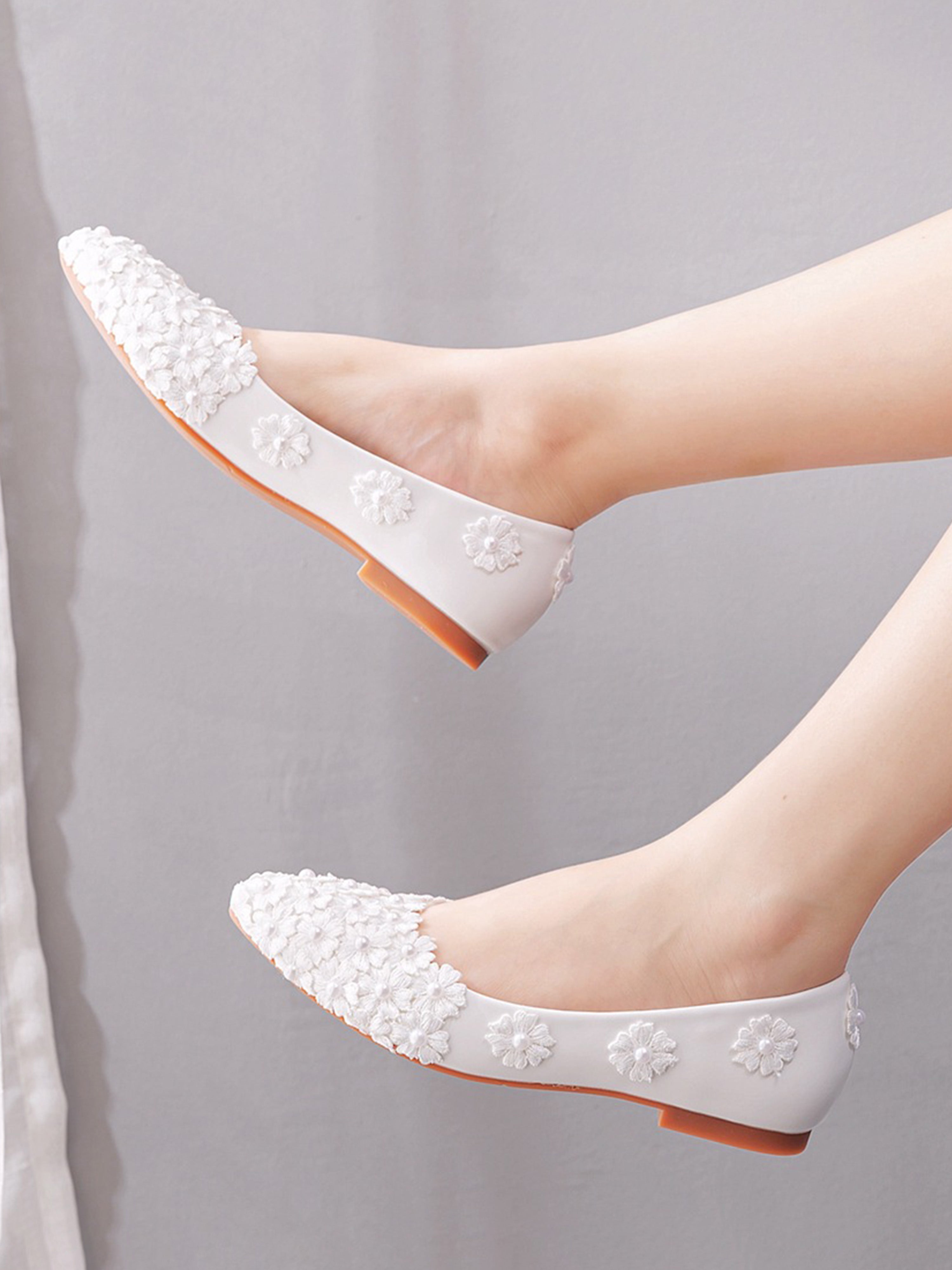 Chaussures de Mariage Plates à Bout Pointu Chaussures en Dentelle Fleure et Perles pour Femmes