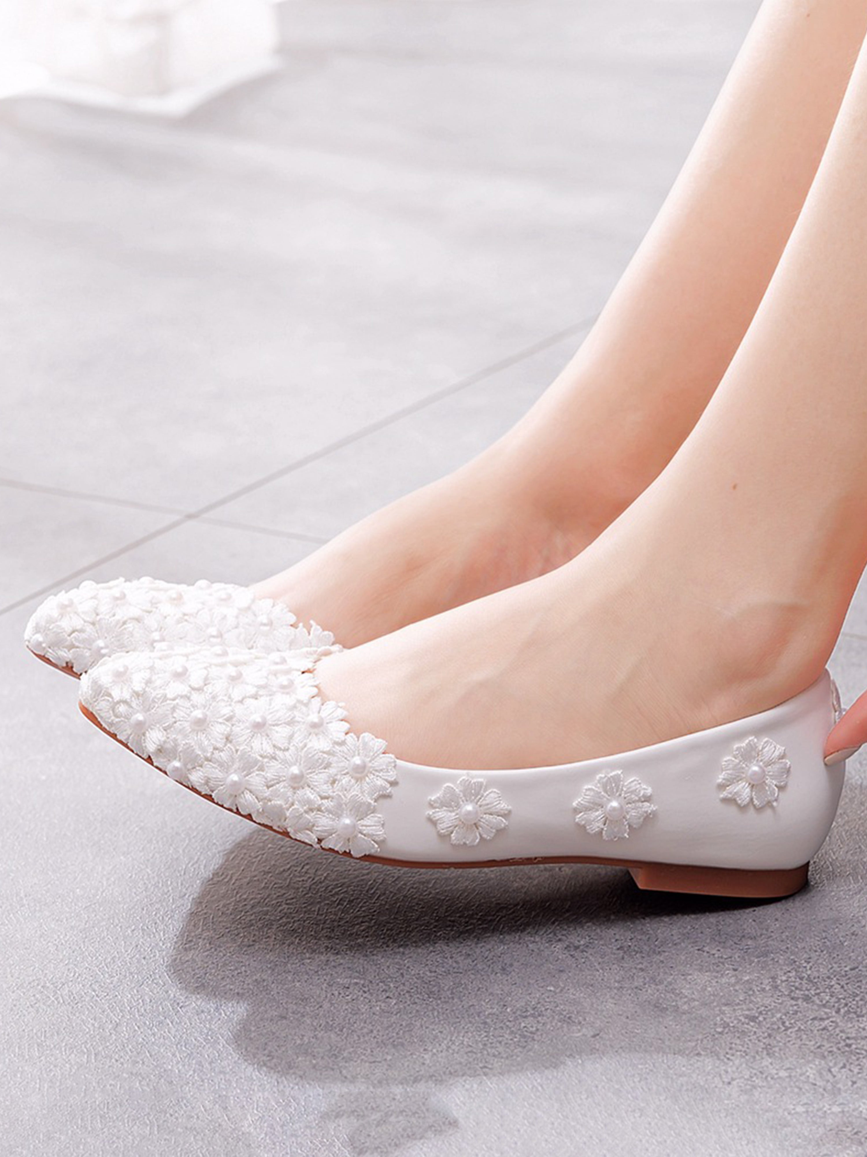 Chaussures de Mariage Plates à Bout Pointu Chaussures en Dentelle Fleure et Perles pour Femmes