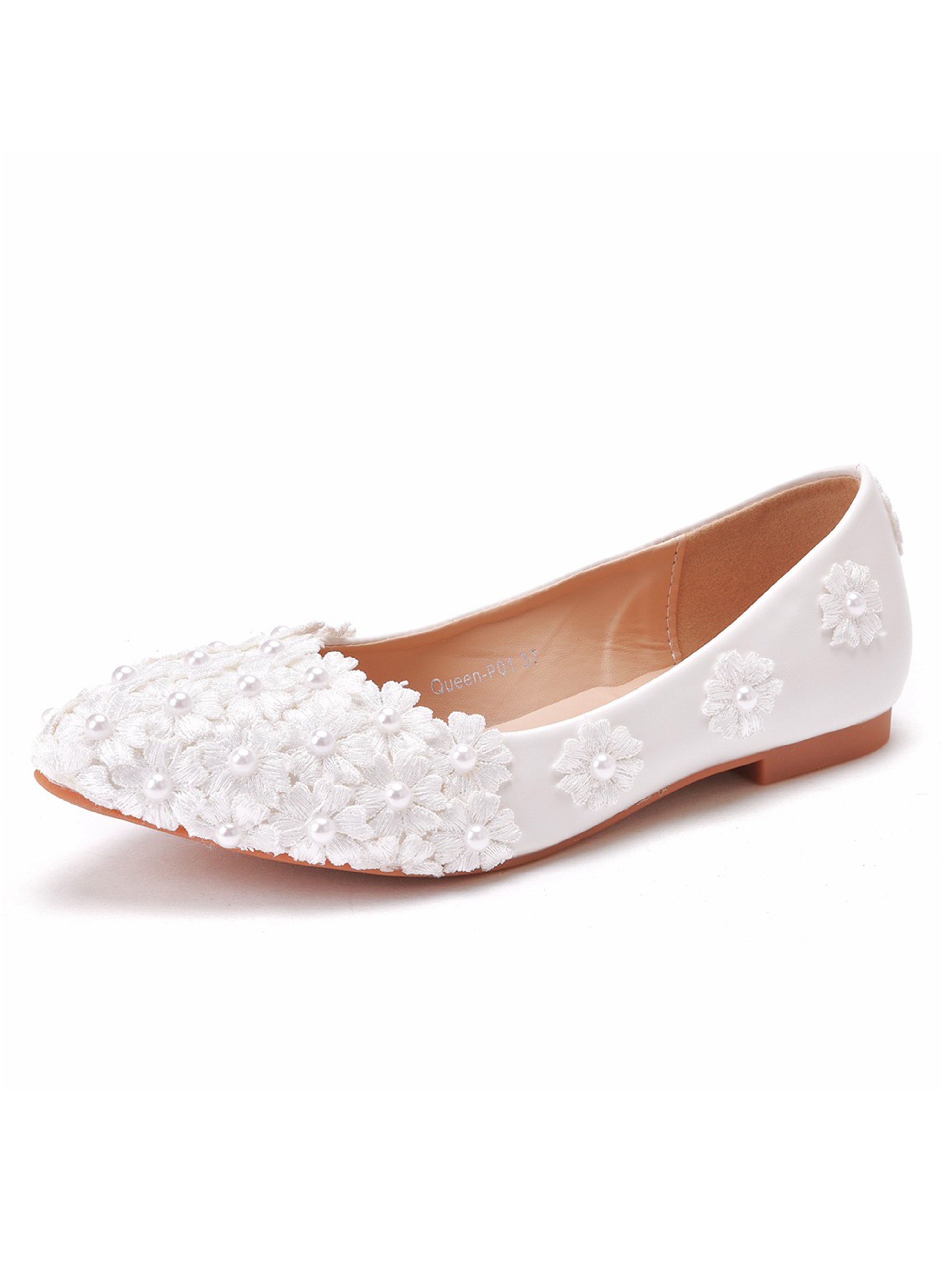 Chaussures de Mariage Plates à Bout Pointu Chaussures en Dentelle Fleure et Perles pour Femmes