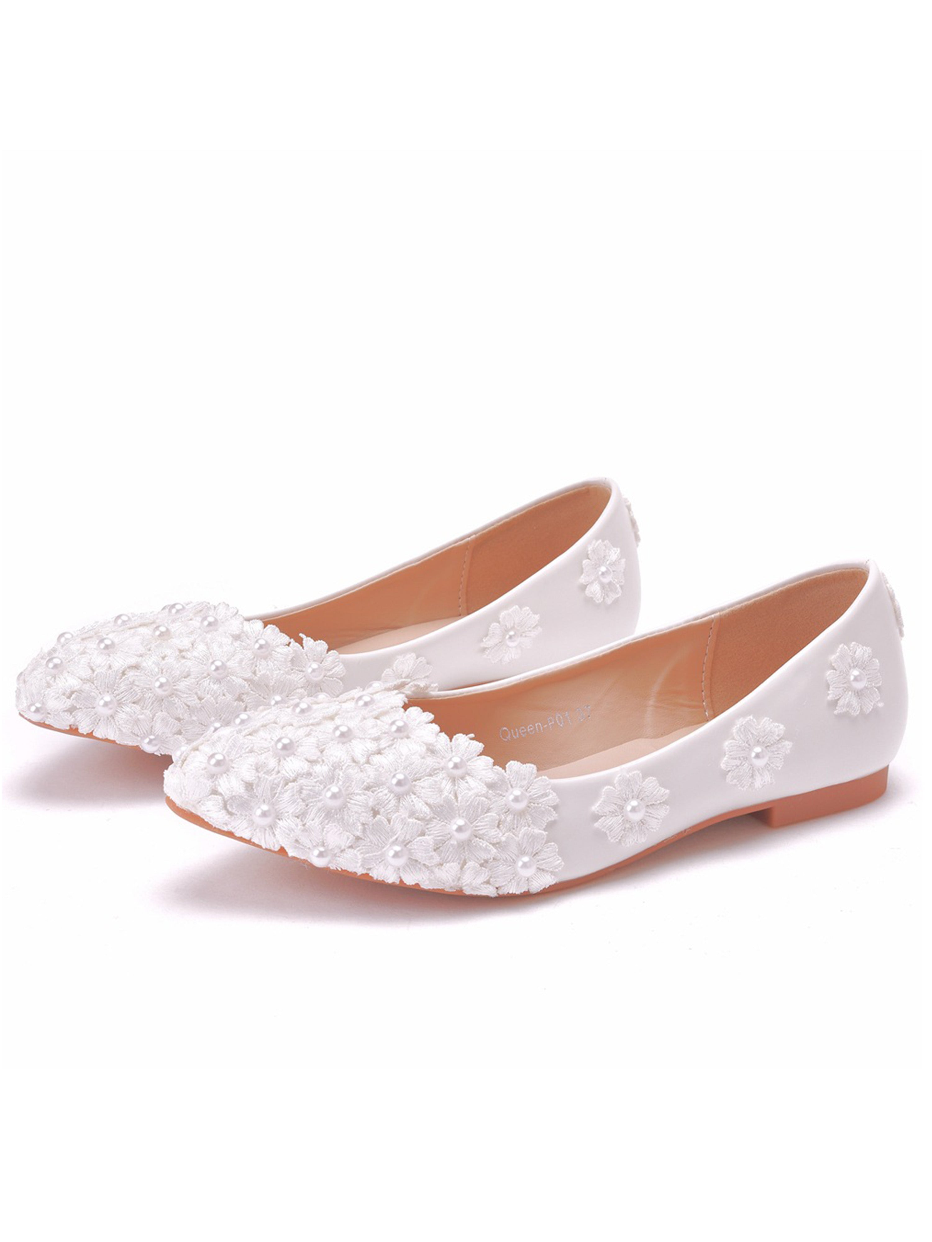 Chaussures de Mariage Plates à Bout Pointu Chaussures en Dentelle Fleure et Perles pour Femmes