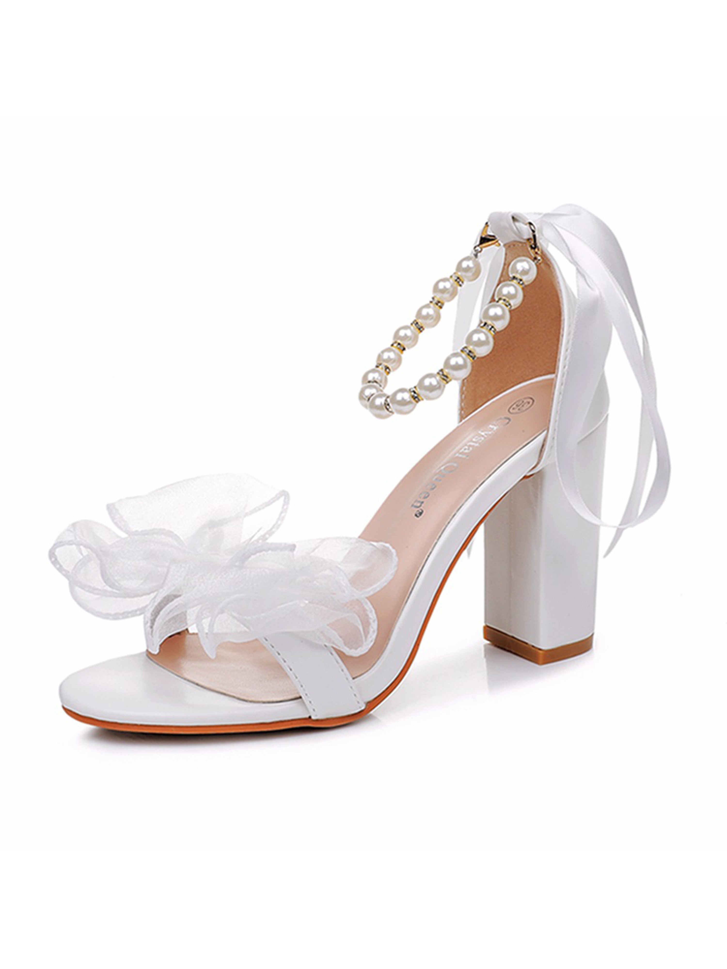 Chaussures de mariage Sandales Femme À Talon Carré Perles Et Bride Flottante Pour Mariage