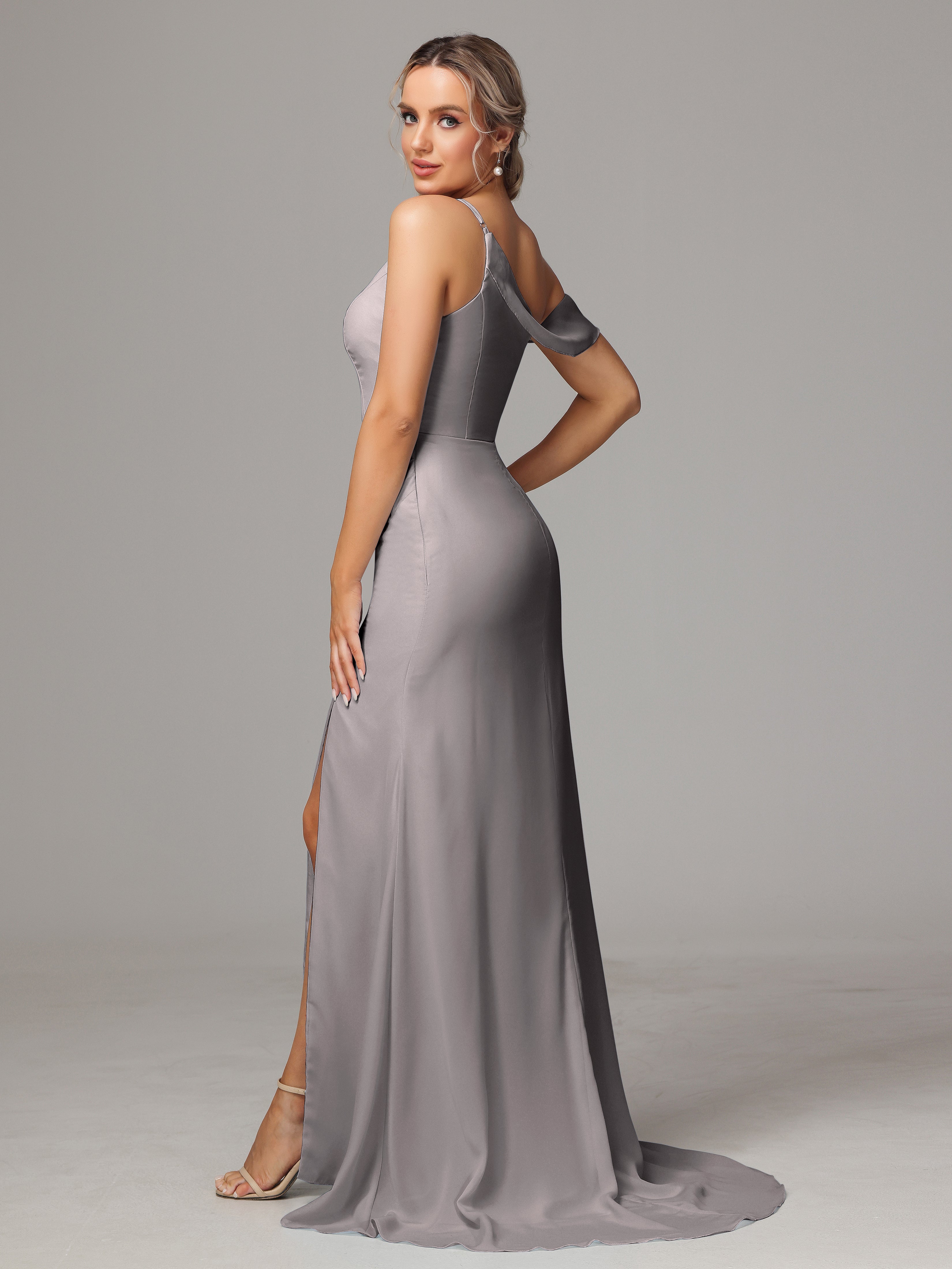 Robe Argentée Demoiselle D Honneur Seule-Épaule Fendue A-Ligne Mousseline Longue Robes Demoiselle D'Honneur