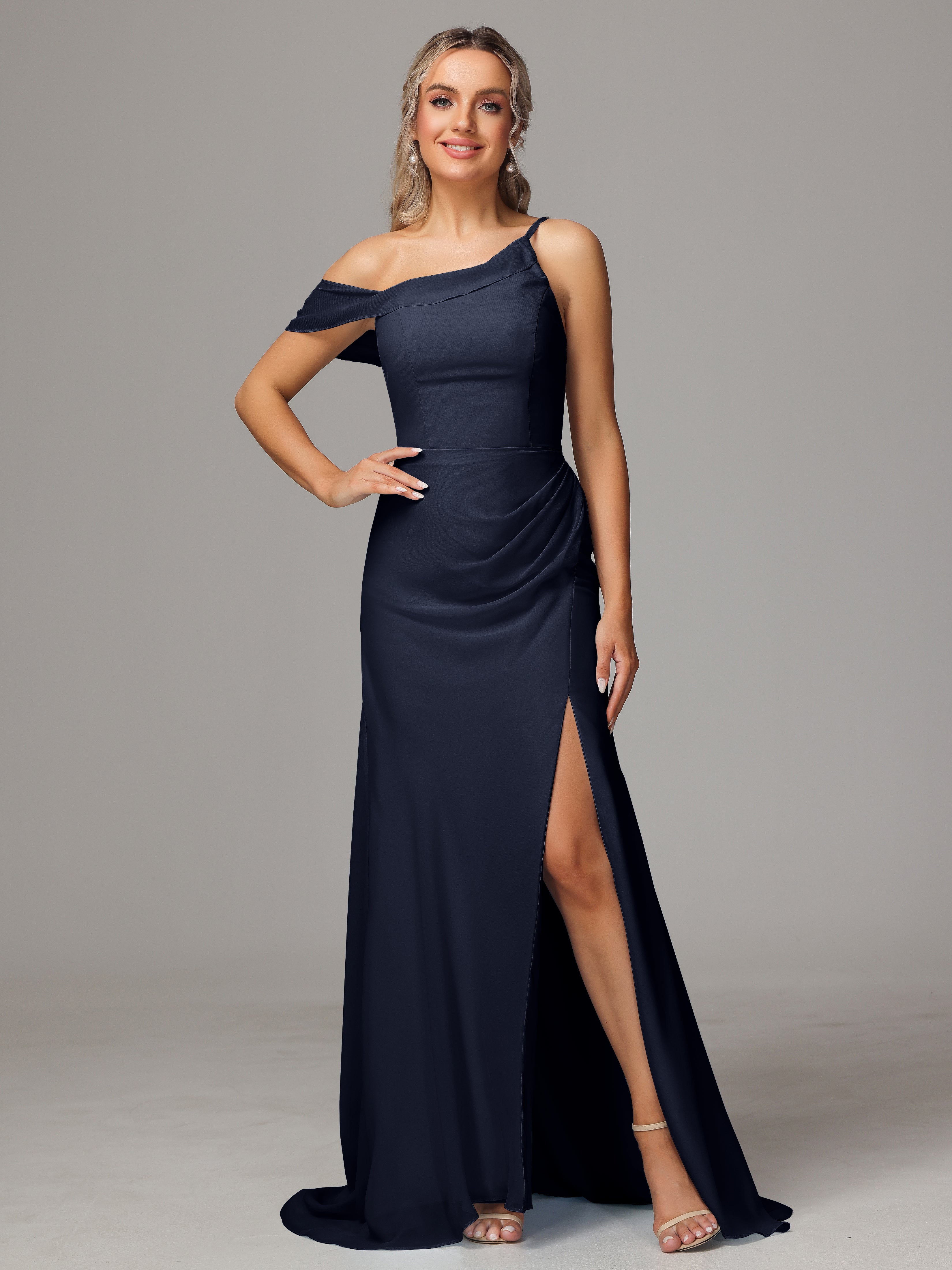 Robe De Demoiselle D Honneur Bleu Marine Seule-Épaule Fendue A-Ligne Mousseline Longue Robes Demoiselle D'Honneur