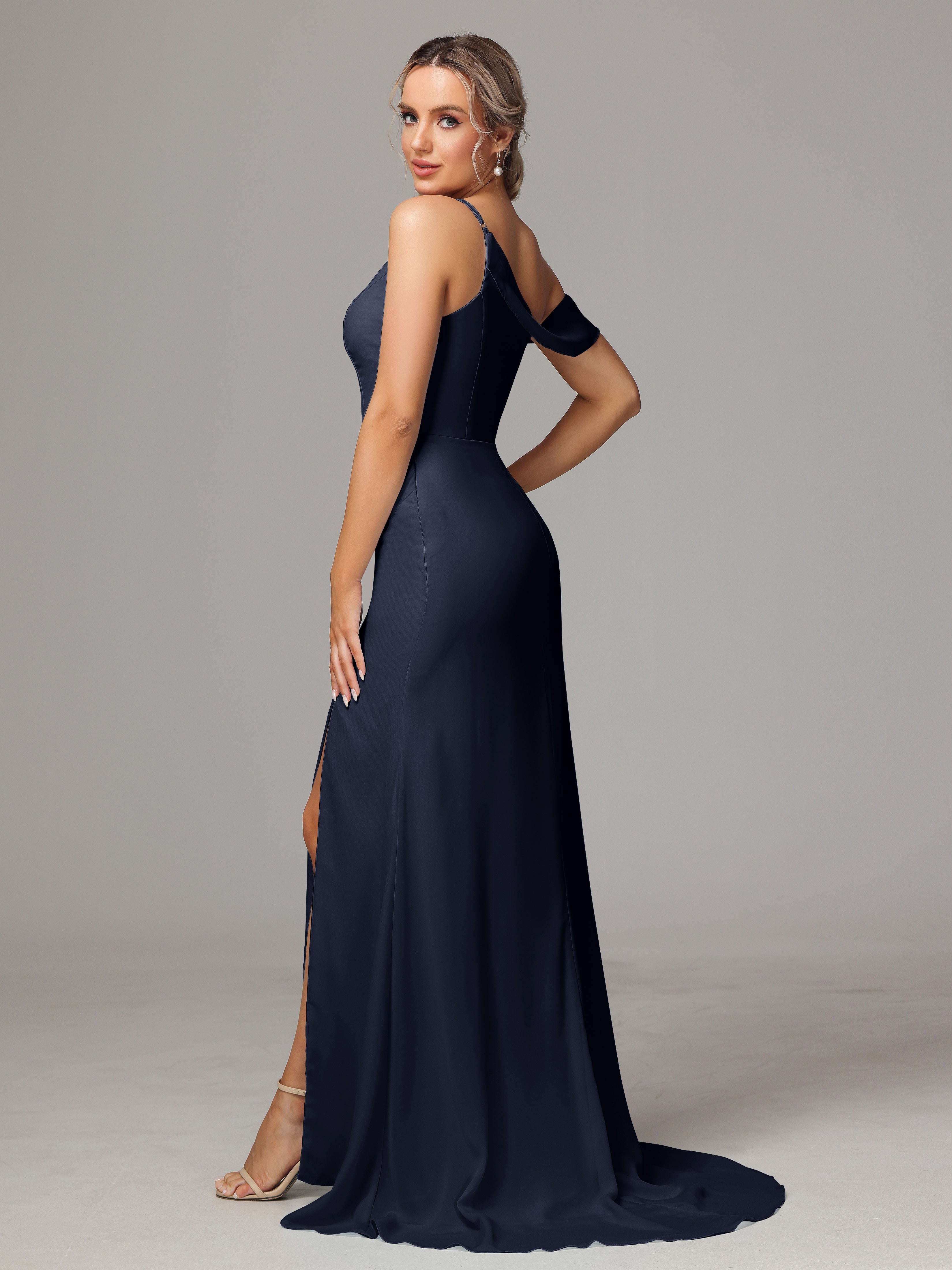 Robe De Demoiselle D Honneur Bleu Marine Seule-Épaule Fendue A-Ligne Mousseline Longue Robes Demoiselle D'Honneur