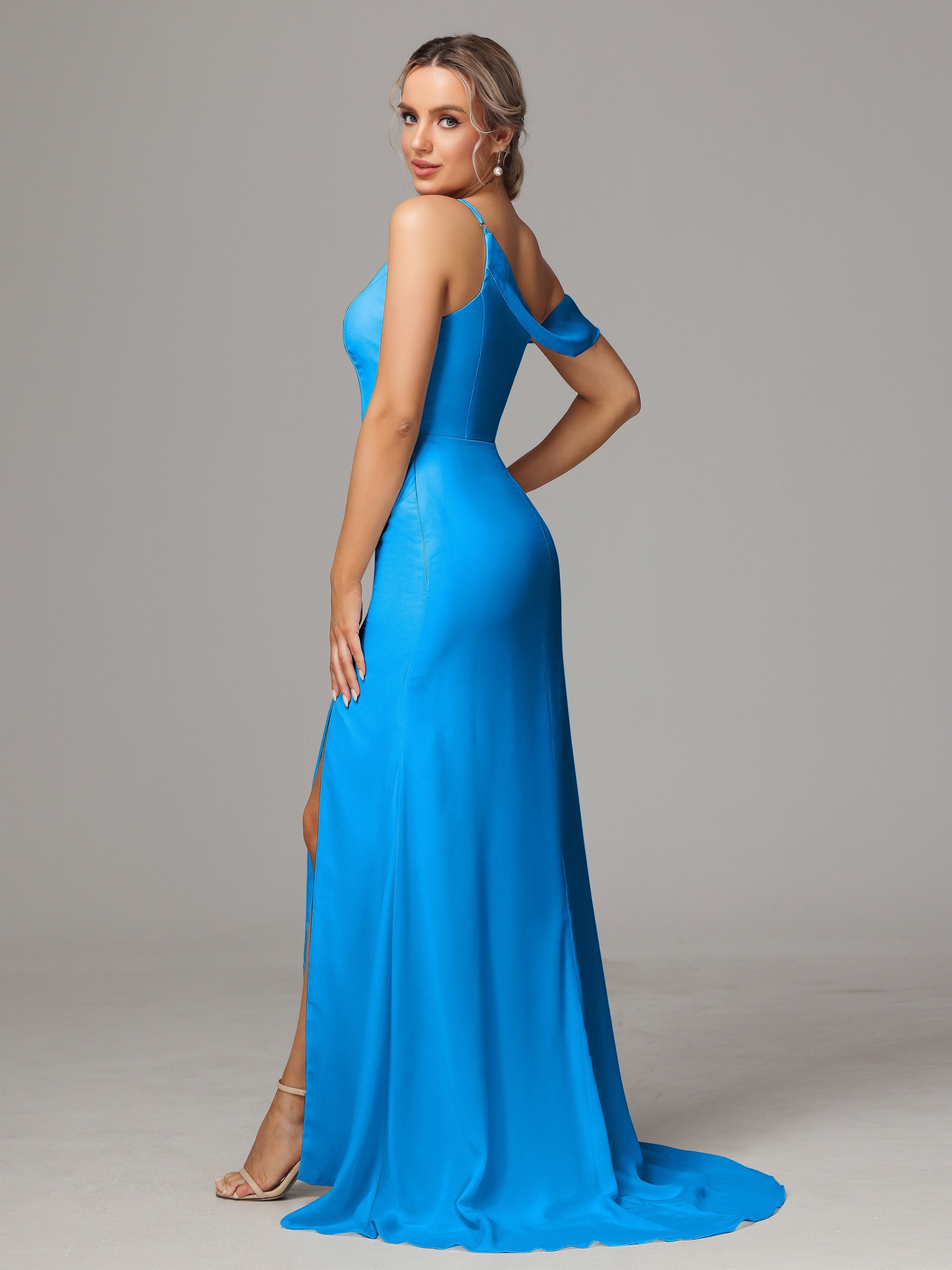 Robes De Demoiselle D'Honneur Bleu Océan Seule-Épaule Fendue A-Ligne Mousseline Longue Robes Demoiselle D'Honneur