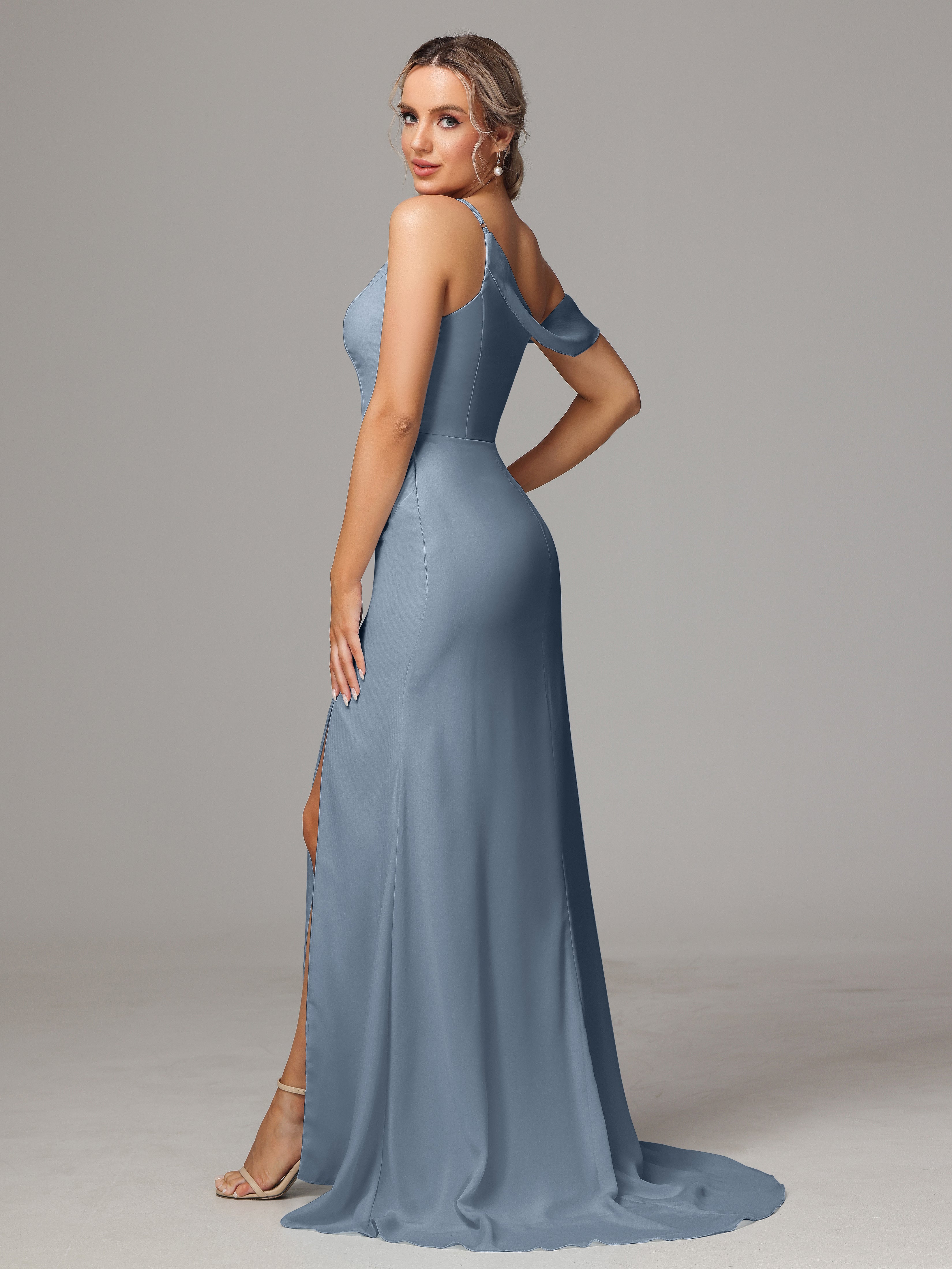 Robes De Demoiselle D'Honneur Bleu Poussiéreux Seule-Épaule Fendue A-Ligne Mousseline Longue Robes Demoiselle D'Honneur