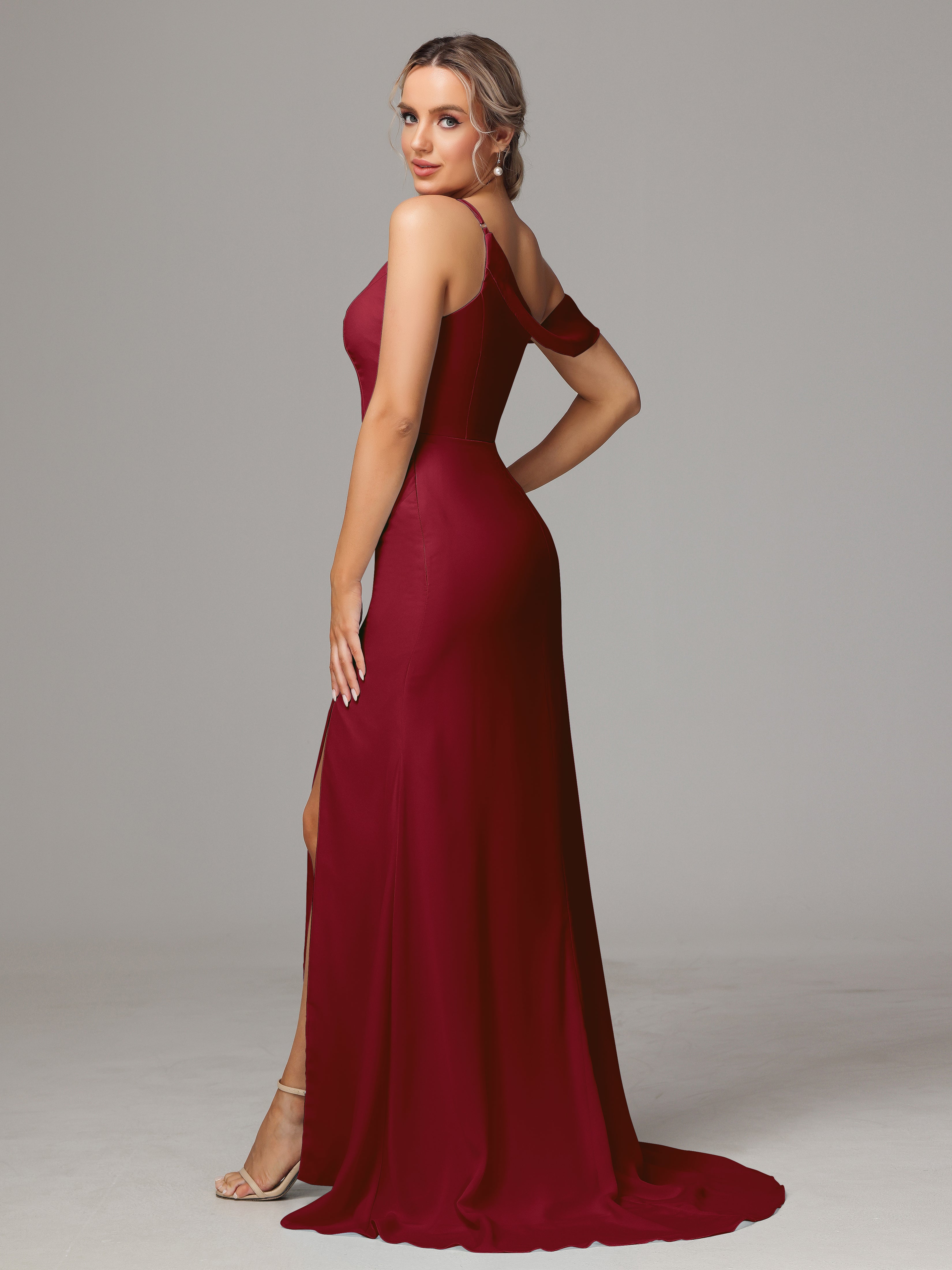 Robe De Demoiselle D Honneur Bordeaux Seule-Épaule Fendue A-Ligne Mousseline Longue Robes Demoiselle D'Honneur