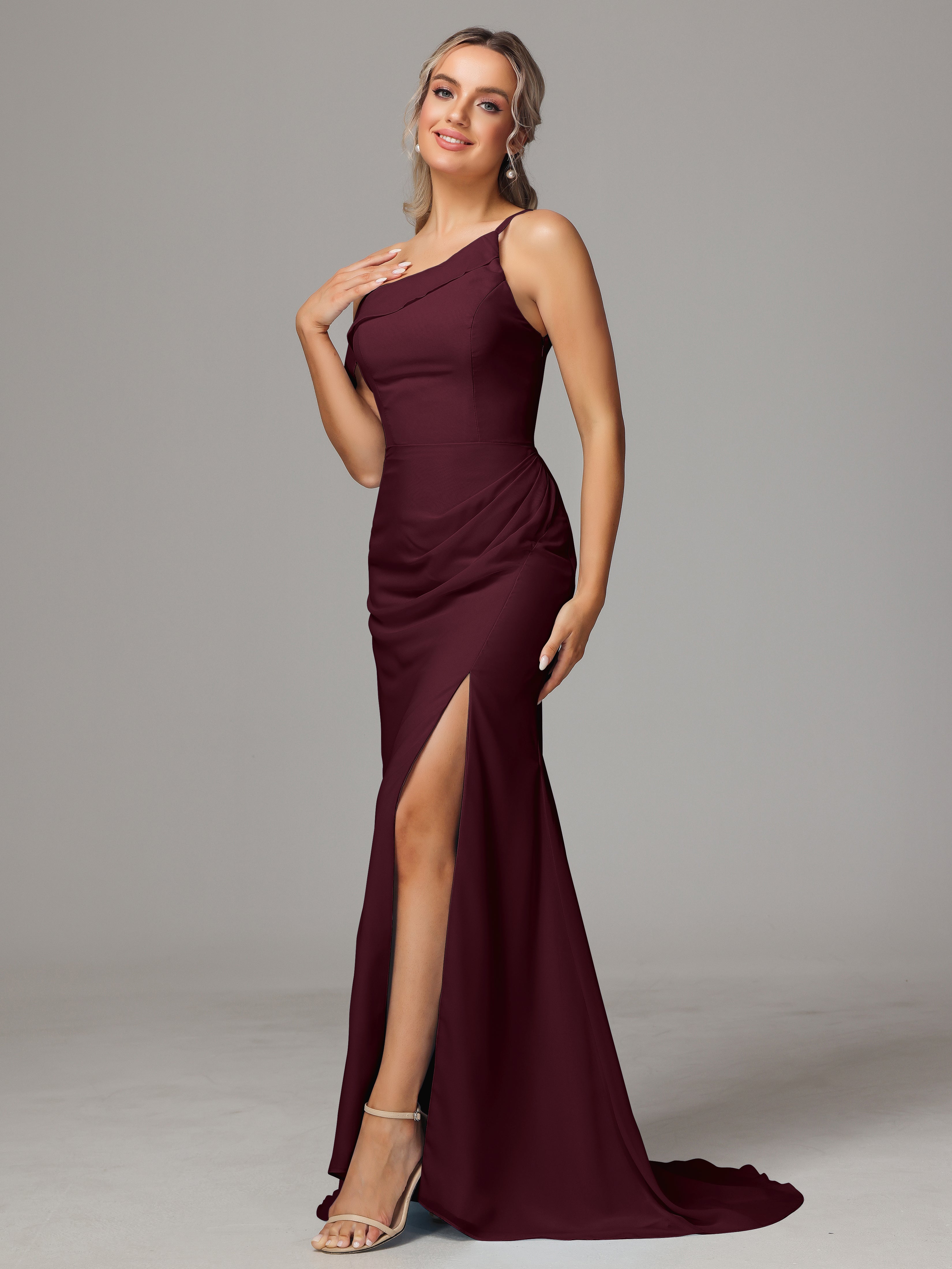 Robes De Demoiselle D'Honneur Cabernet Seule-Épaule Fendue A-Ligne Mousseline Longue Robes Demoiselle D'Honneur