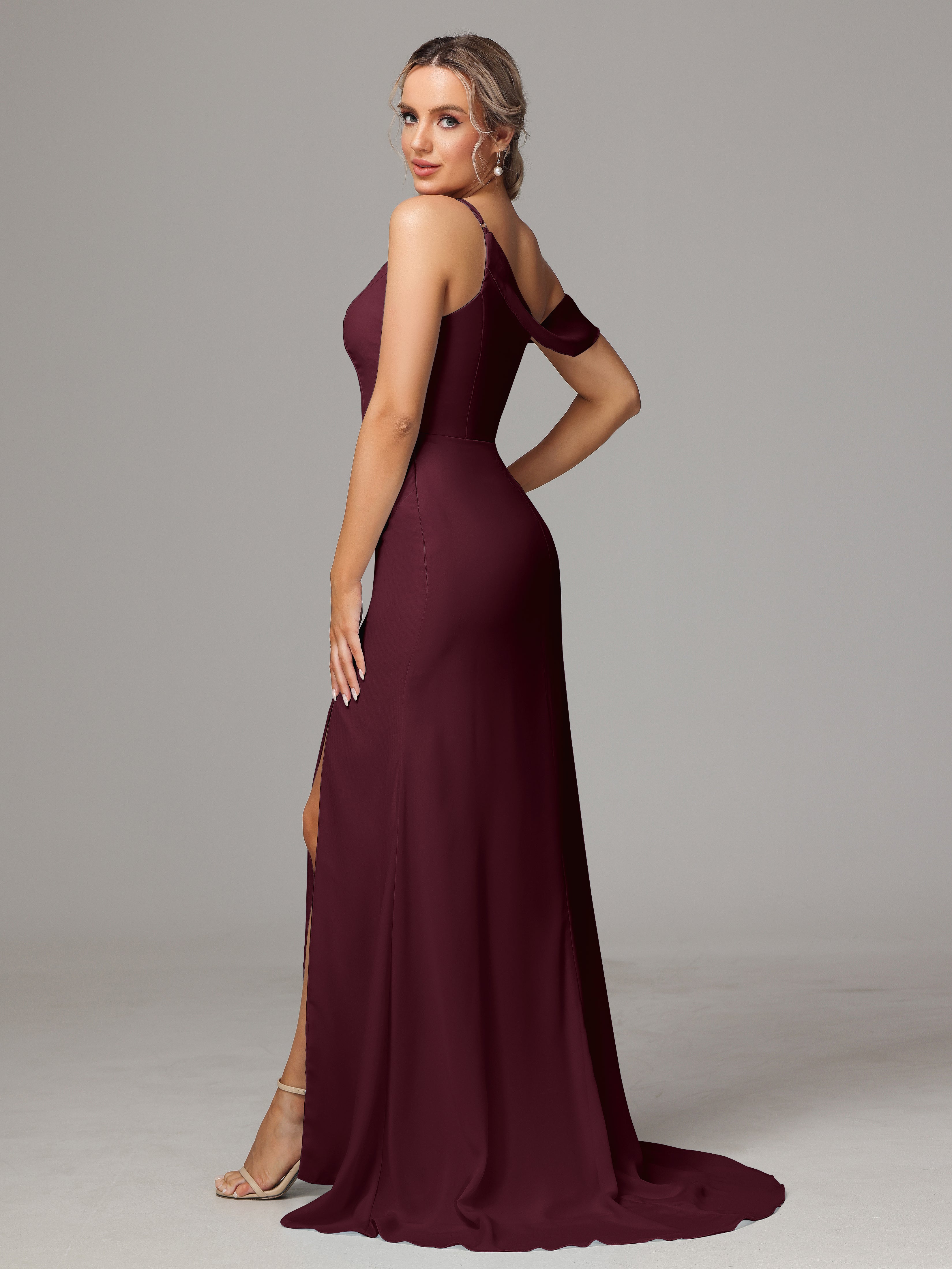 Robes De Demoiselle D'Honneur Cabernet Seule-Épaule Fendue A-Ligne Mousseline Longue Robes Demoiselle D'Honneur