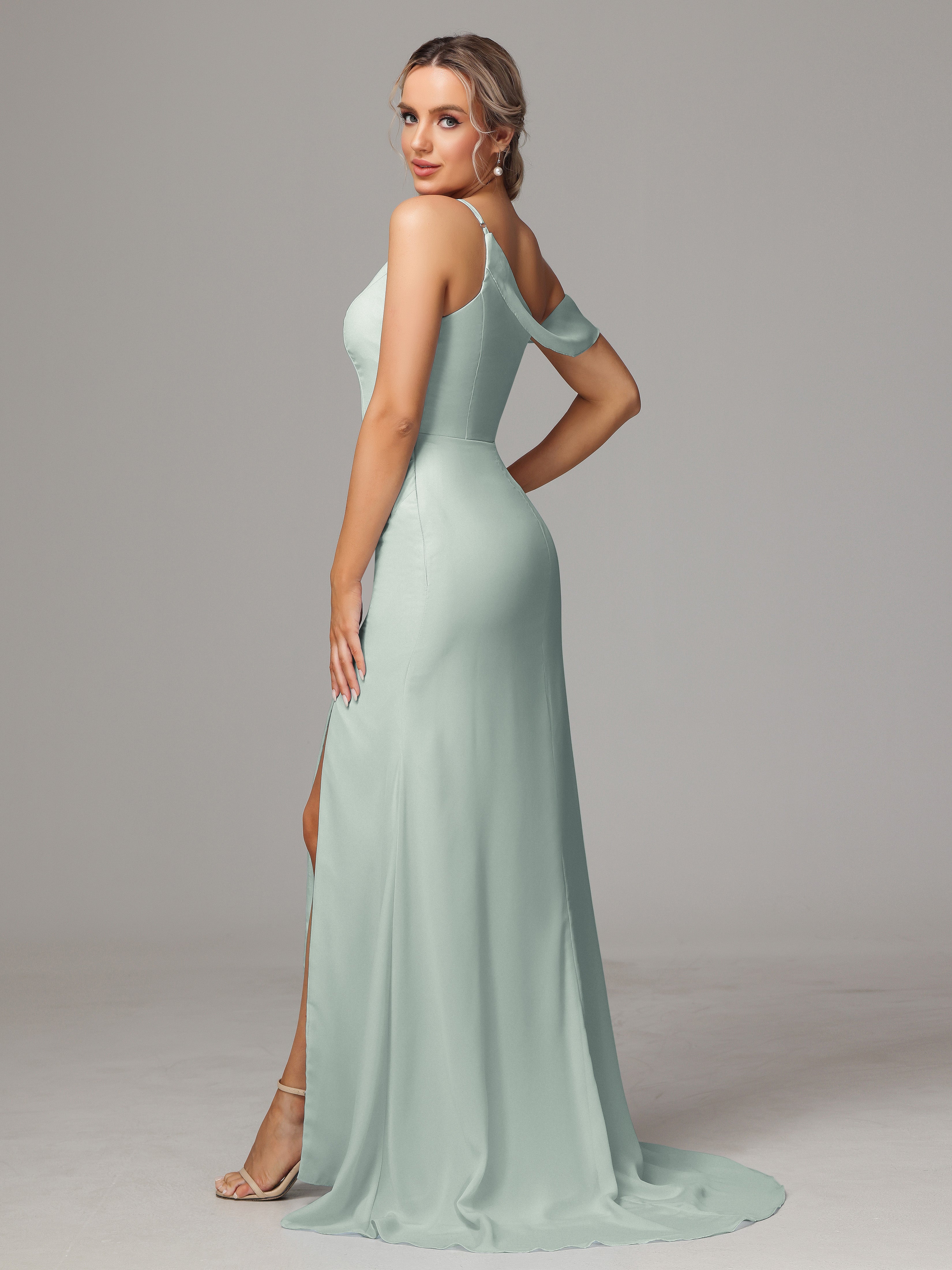 Robes De Demoiselle D'Honneur Celadon Seule-Épaule Fendue A-Ligne Mousseline Longue Robes Demoiselle D'Honneur