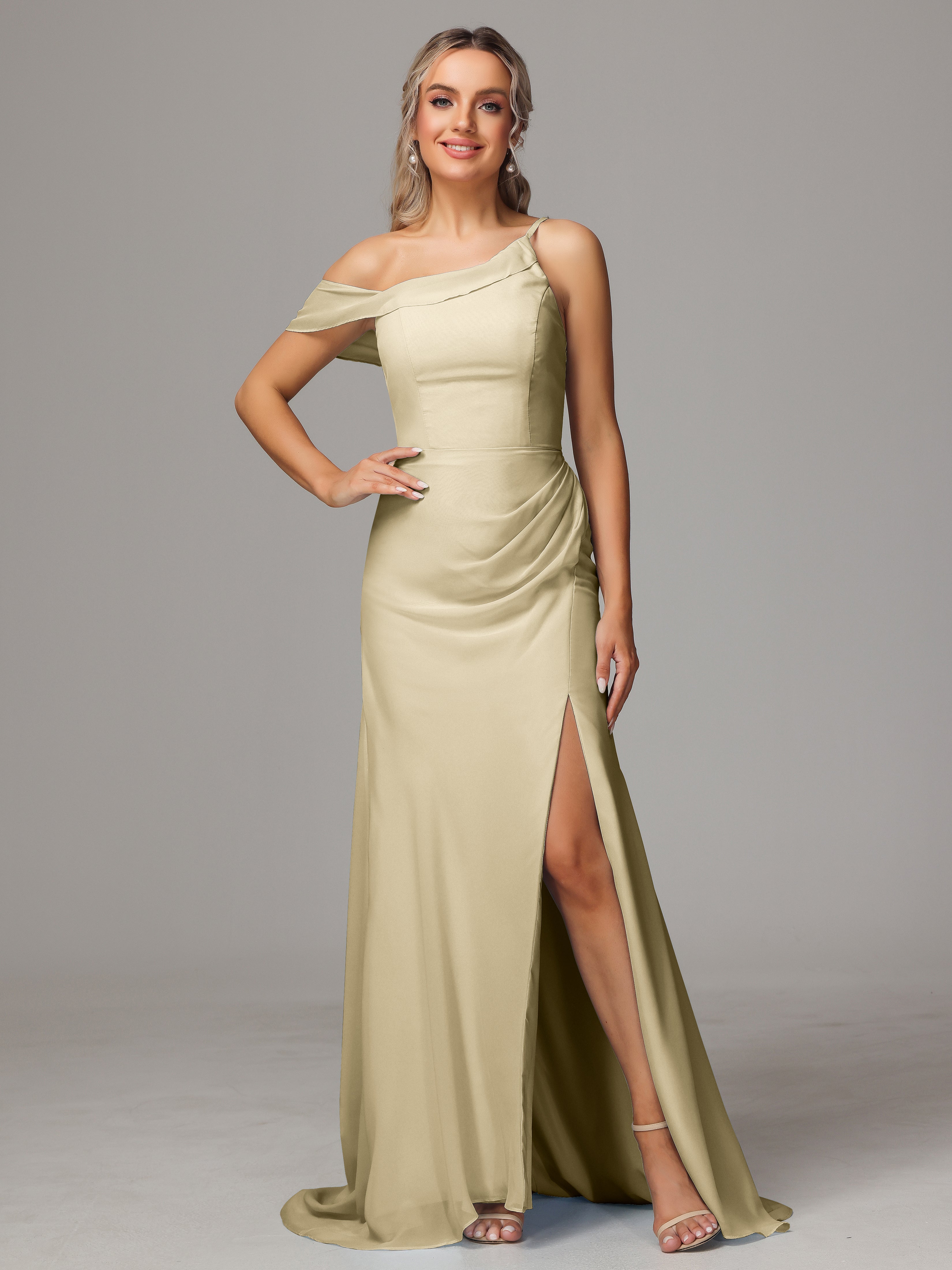 Robe Couleur Champagne Demoiselle D Honneur Seule-Épaule Fendue A-Ligne Mousseline Longue Robes Demoiselle D'Honneur