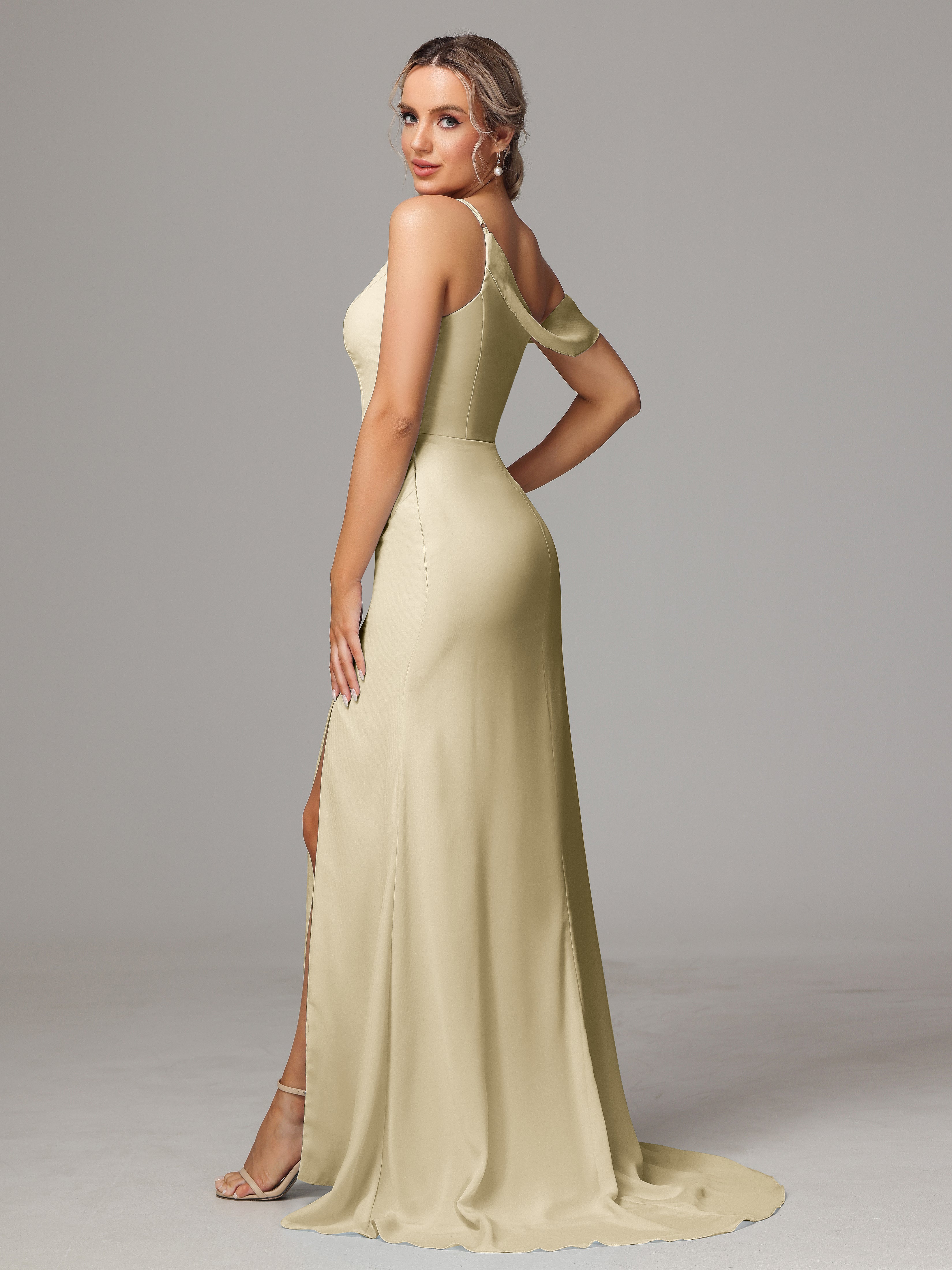 Robe Couleur Champagne Demoiselle D Honneur Seule-Épaule Fendue A-Ligne Mousseline Longue Robes Demoiselle D'Honneur