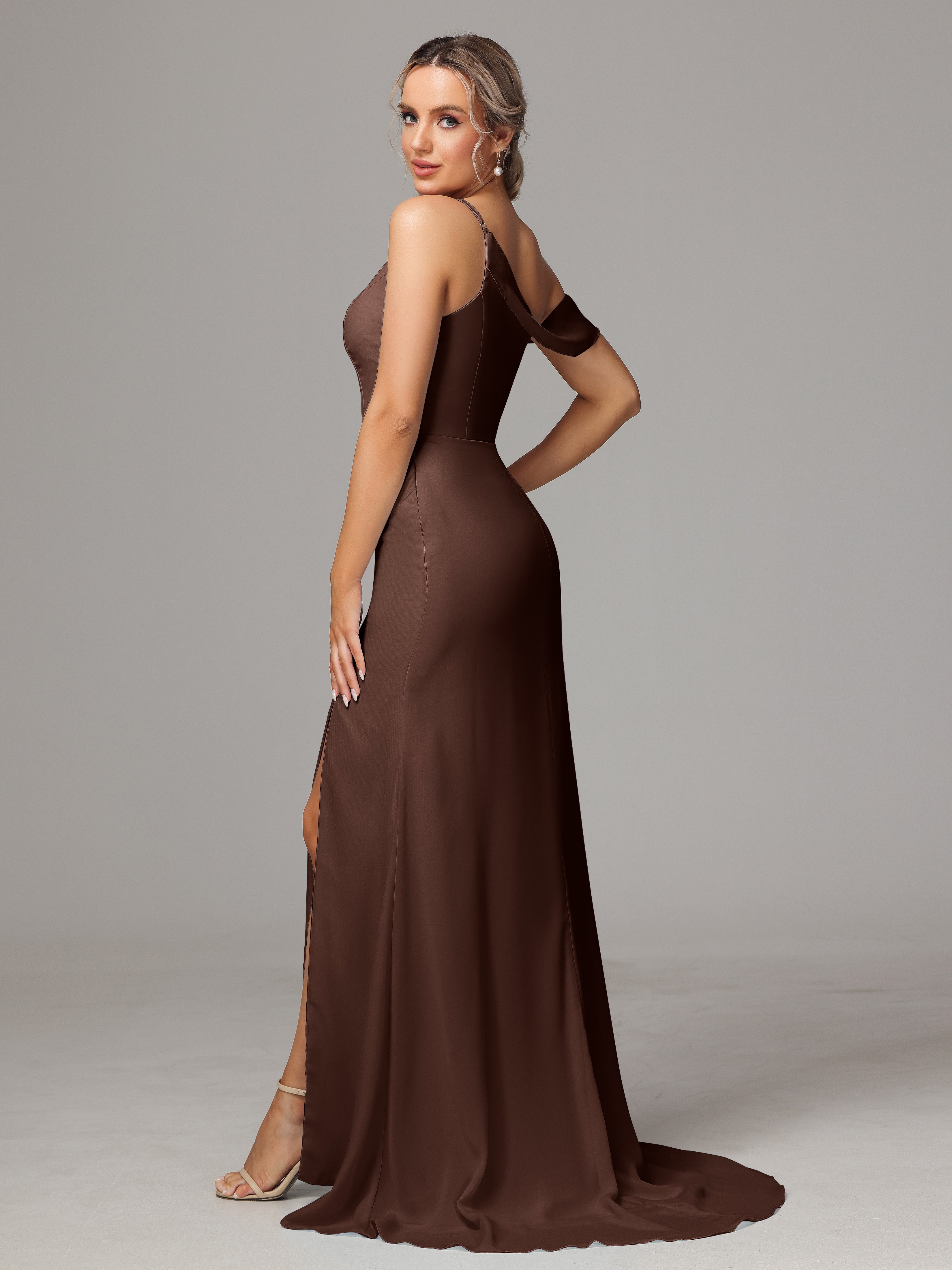 Robe Chocolat Demoiselle D Honneur Seule-Épaule Fendue A-Ligne Mousseline Longue Robes Demoiselle D'Honneur