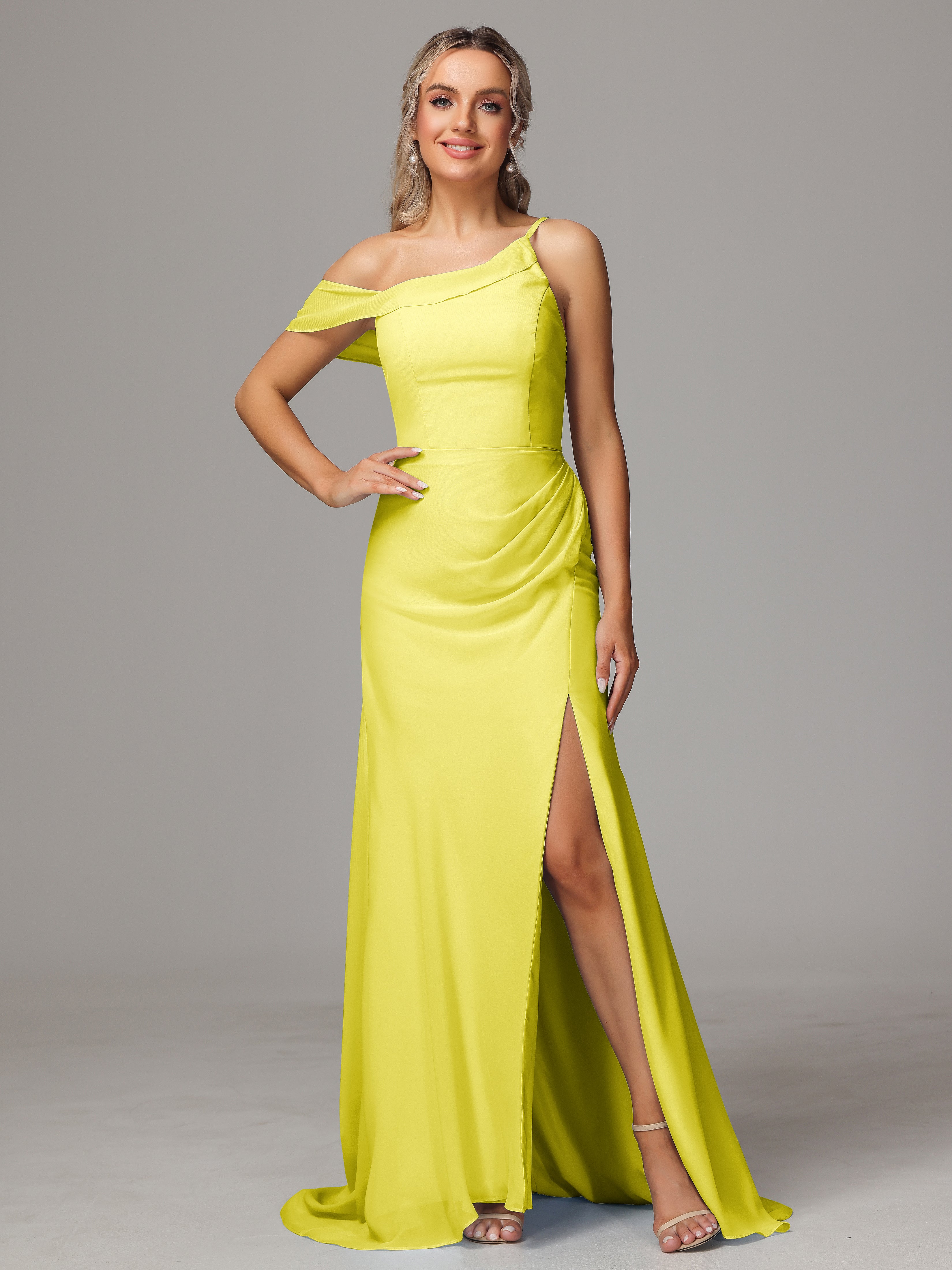 Robes De Demoiselle D'Honneur Citron Seule-Épaule Fendue A-Ligne Mousseline Longue Robes Demoiselle D'Honneur