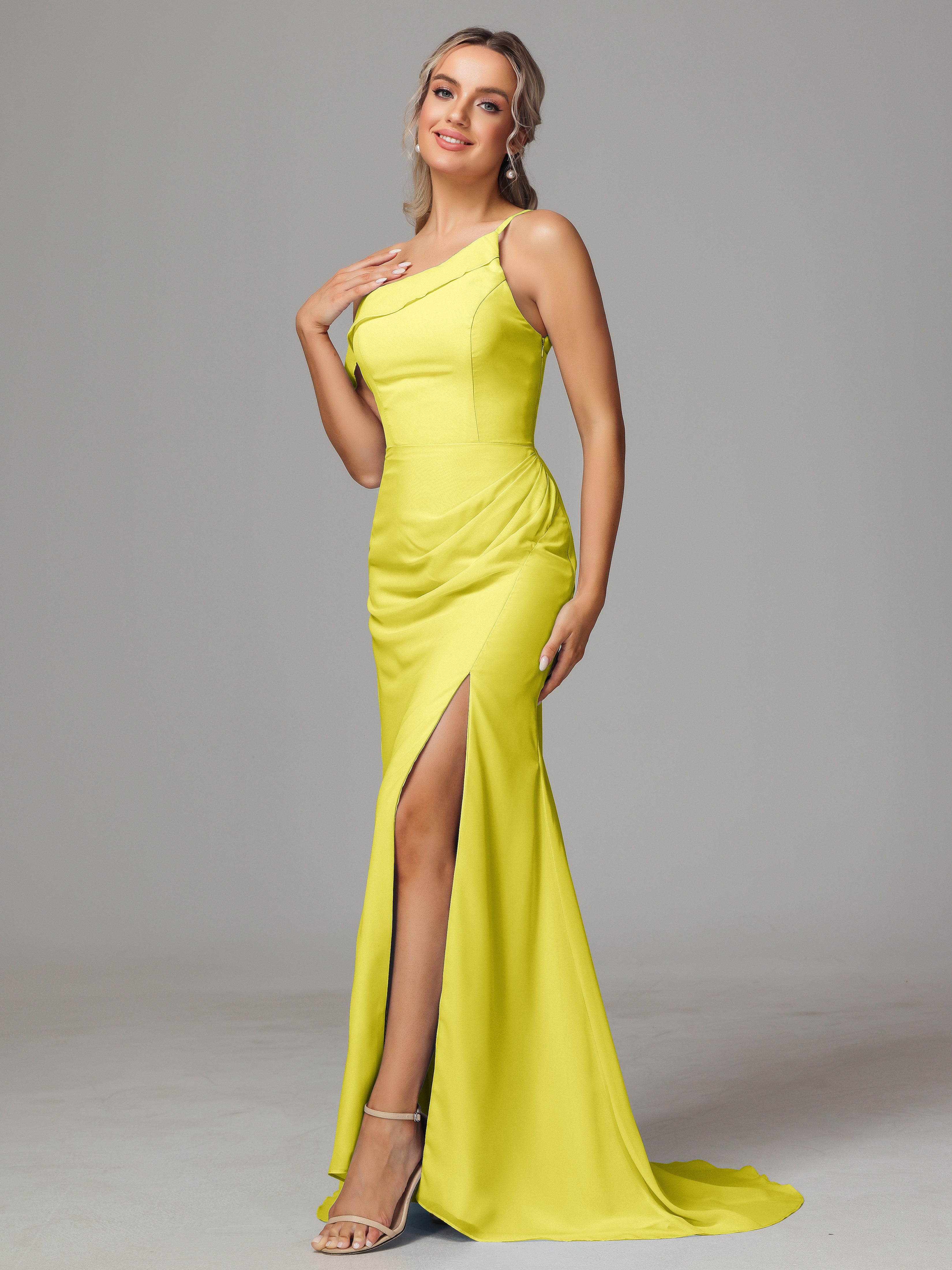 Robes De Demoiselle D'Honneur Citron Seule-Épaule Fendue A-Ligne Mousseline Longue Robes Demoiselle D'Honneur