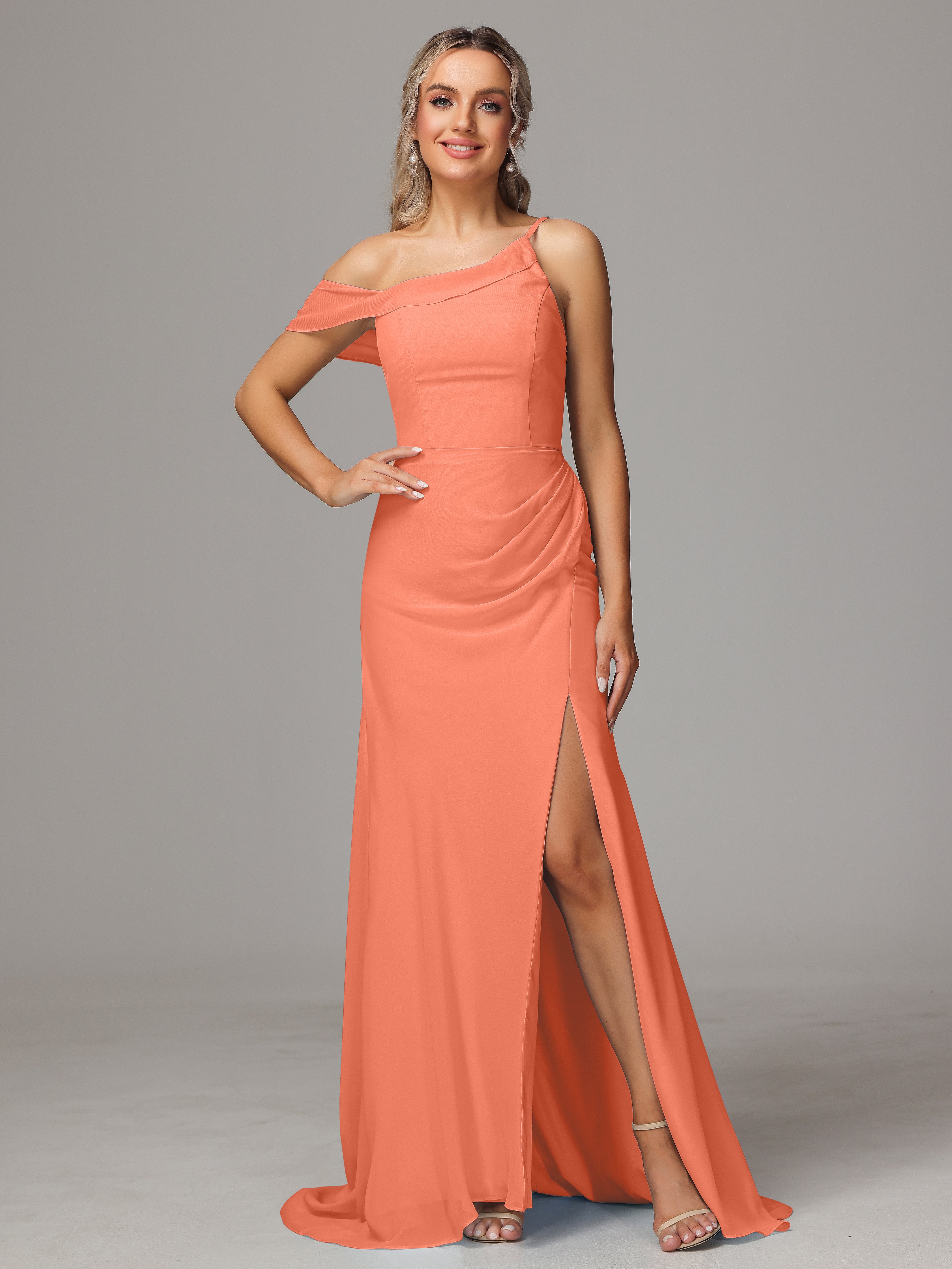 Robes De Demoiselle D'Honneur Coucher De Soleil Seule-Épaule Fendue A-Ligne Mousseline Longue Robes Demoiselle D'Honneur