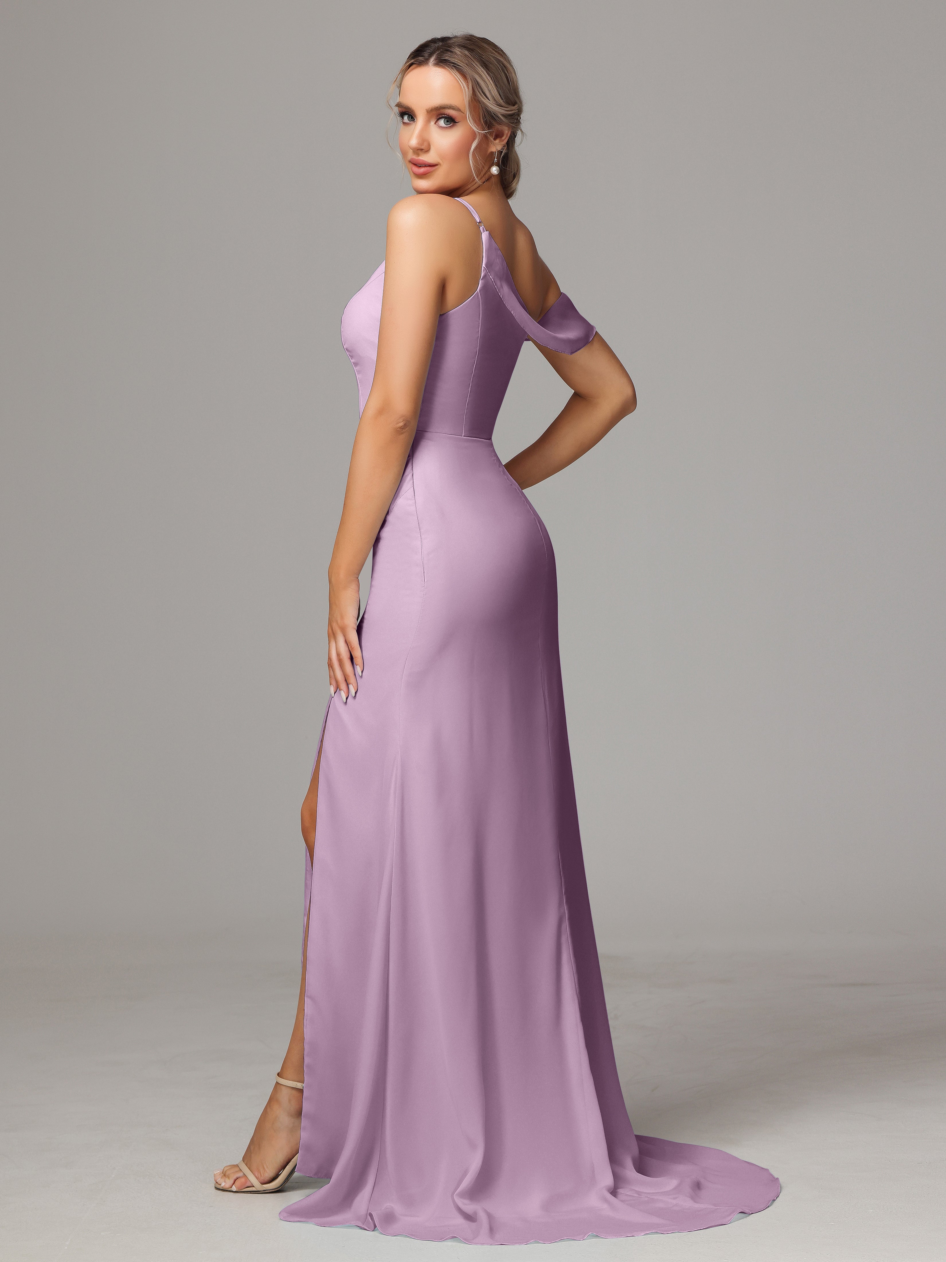 Robes De Demoiselle D'Honneur Glycine Seule-Épaule Fendue A-Ligne Mousseline Longue Robes Demoiselle D'Honneur