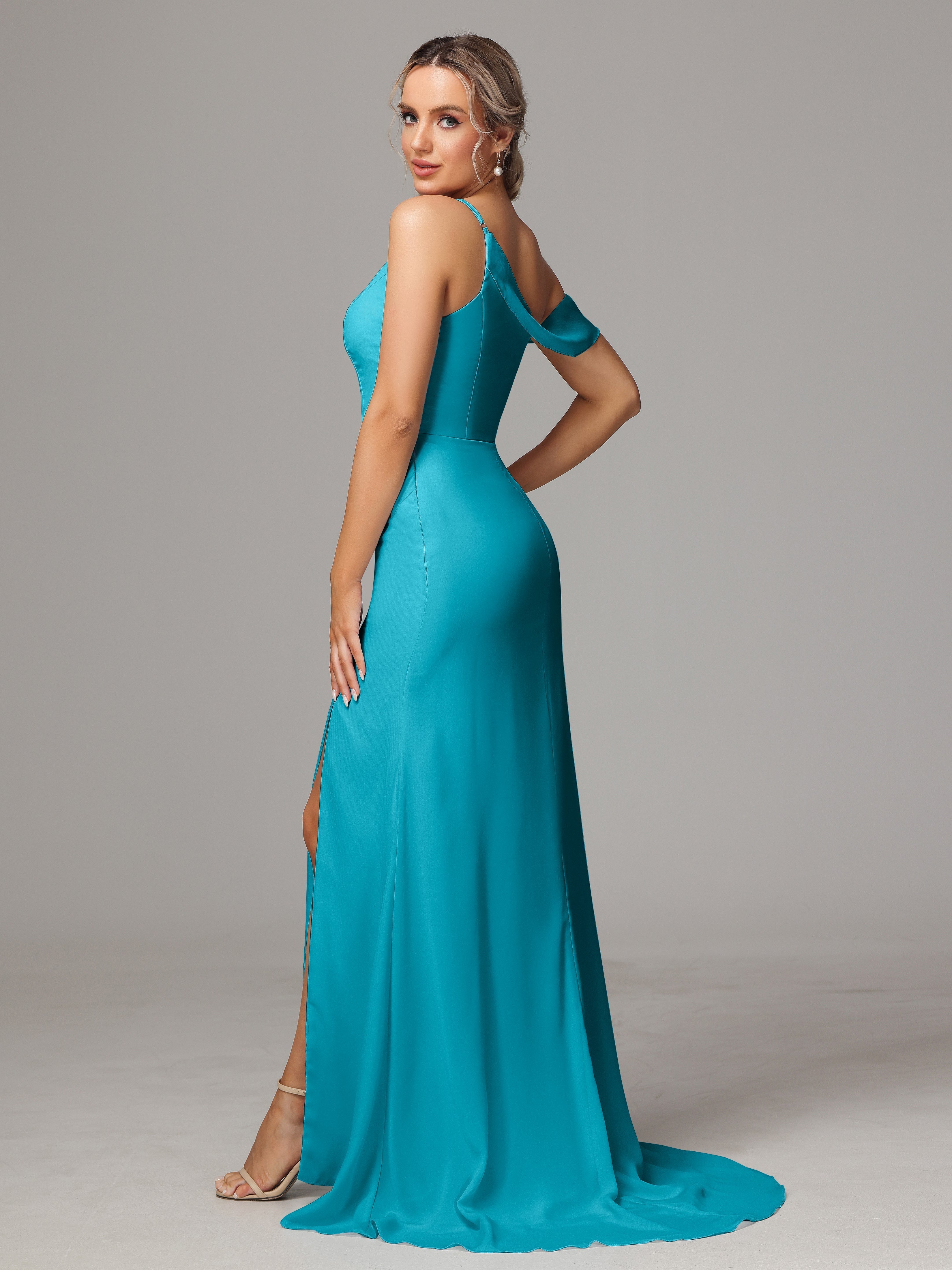 Robes De Demoiselle D'Honneur Vert Jade Seule-Épaule Fendue A-Ligne Mousseline Longue Robes Demoiselle D'Honneur