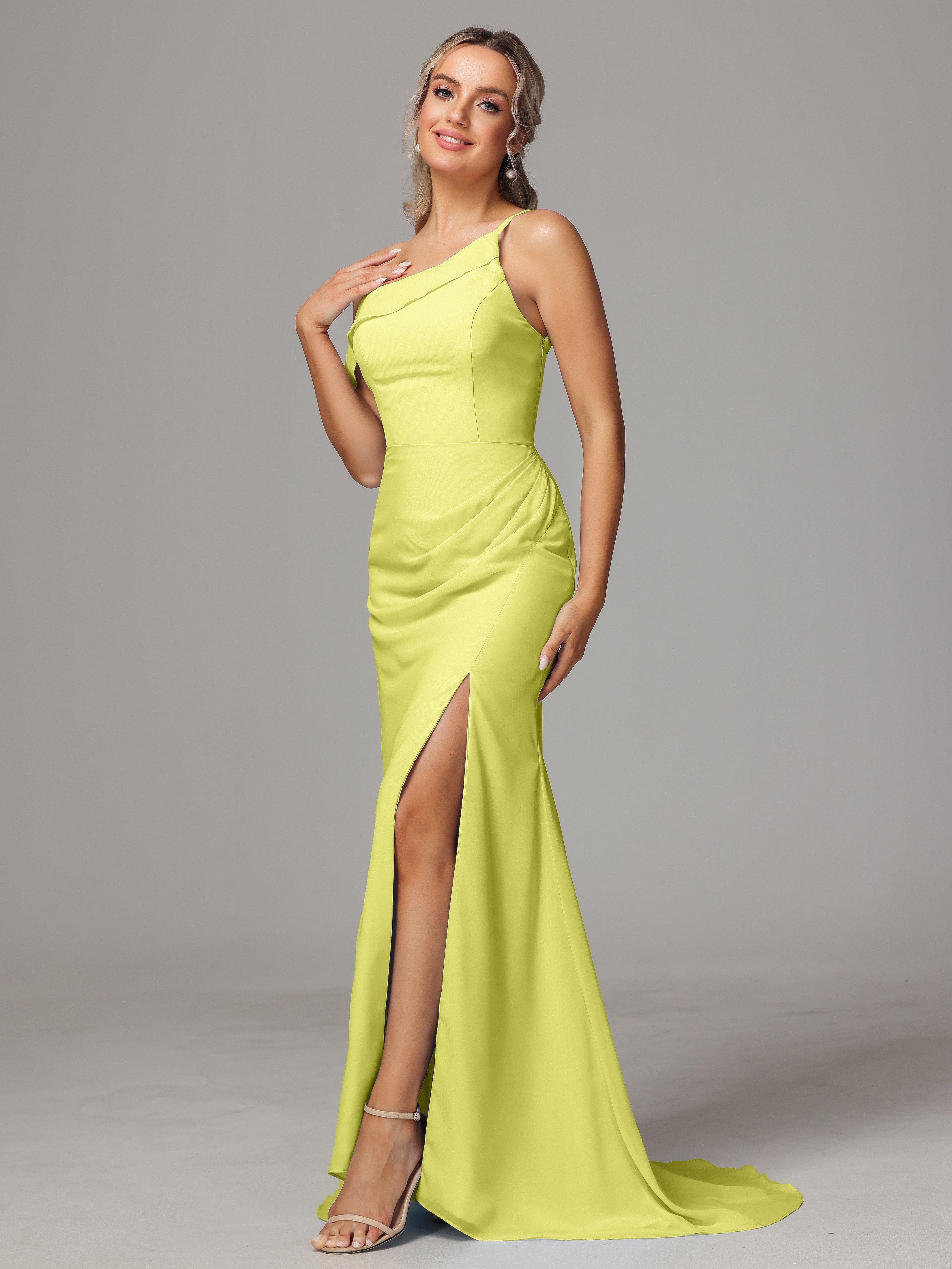 Robes De Demoiselle D'Honneur Jonquille Seule-Épaule Fendue A-Ligne Mousseline Longue Robes Demoiselle D'Honneur