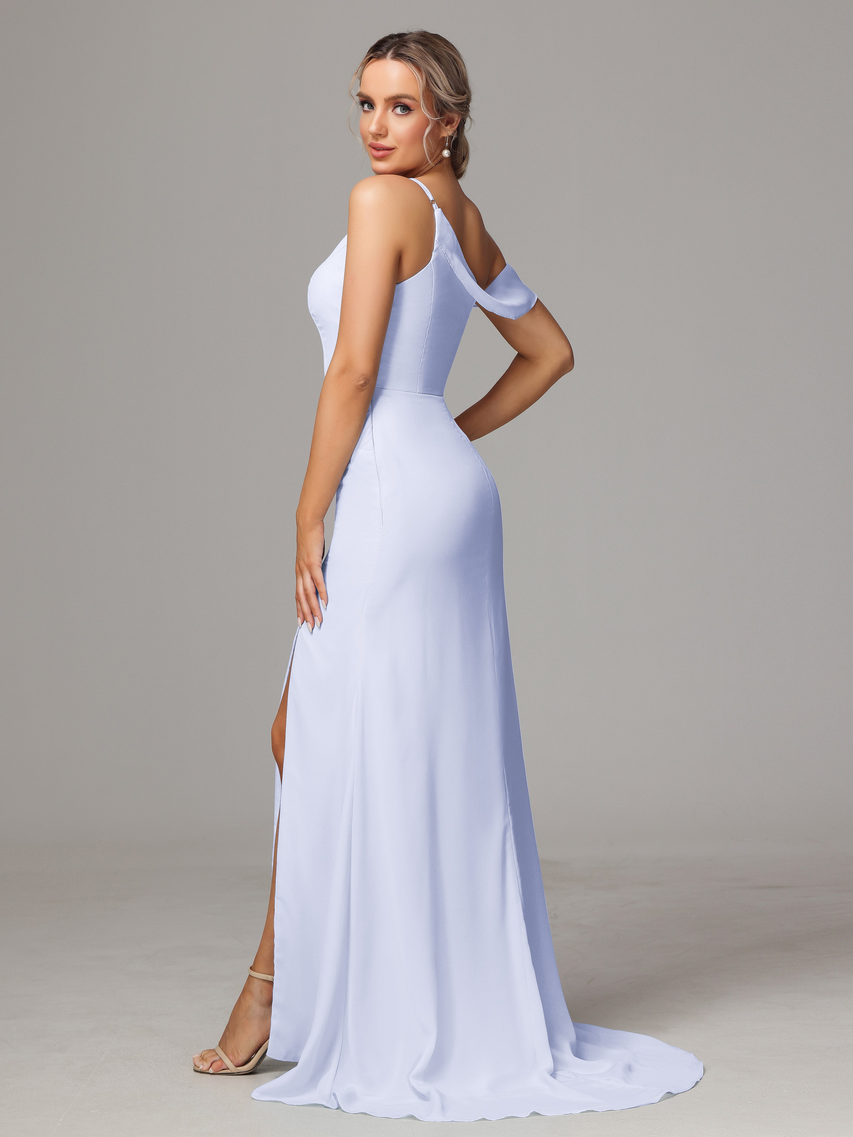 Robe Demoiselle D Honneur Lavande Seule-Épaule Fendue A-Ligne Mousseline Longue Robes Demoiselle D'Honneur
