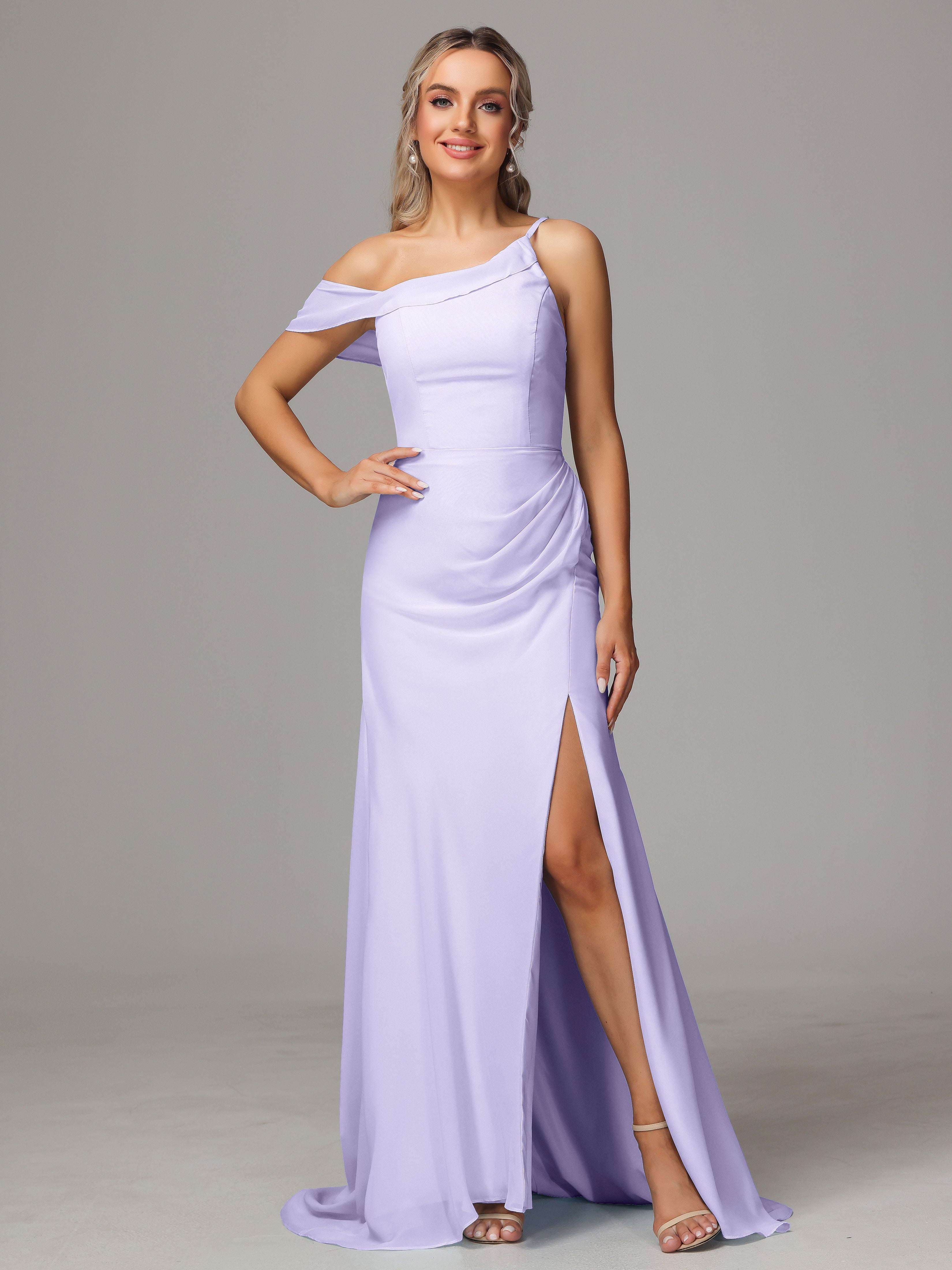 Demoiselle Robe Lilas Seule-Épaule Fendue A-Ligne Mousseline Longue Robes Demoiselle D'Honneur