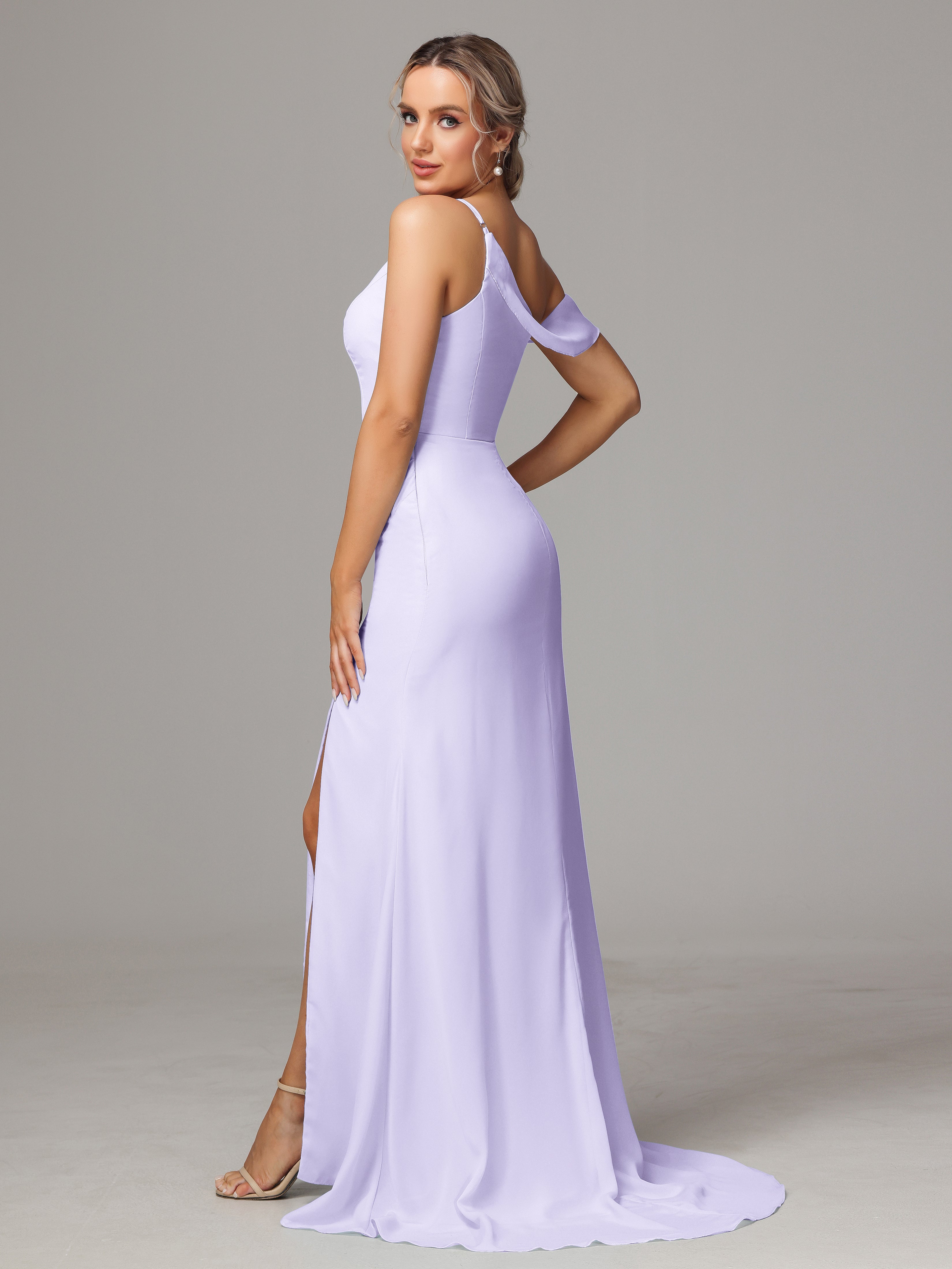 Demoiselle Robe Lilas Seule-Épaule Fendue A-Ligne Mousseline Longue Robes Demoiselle D'Honneur