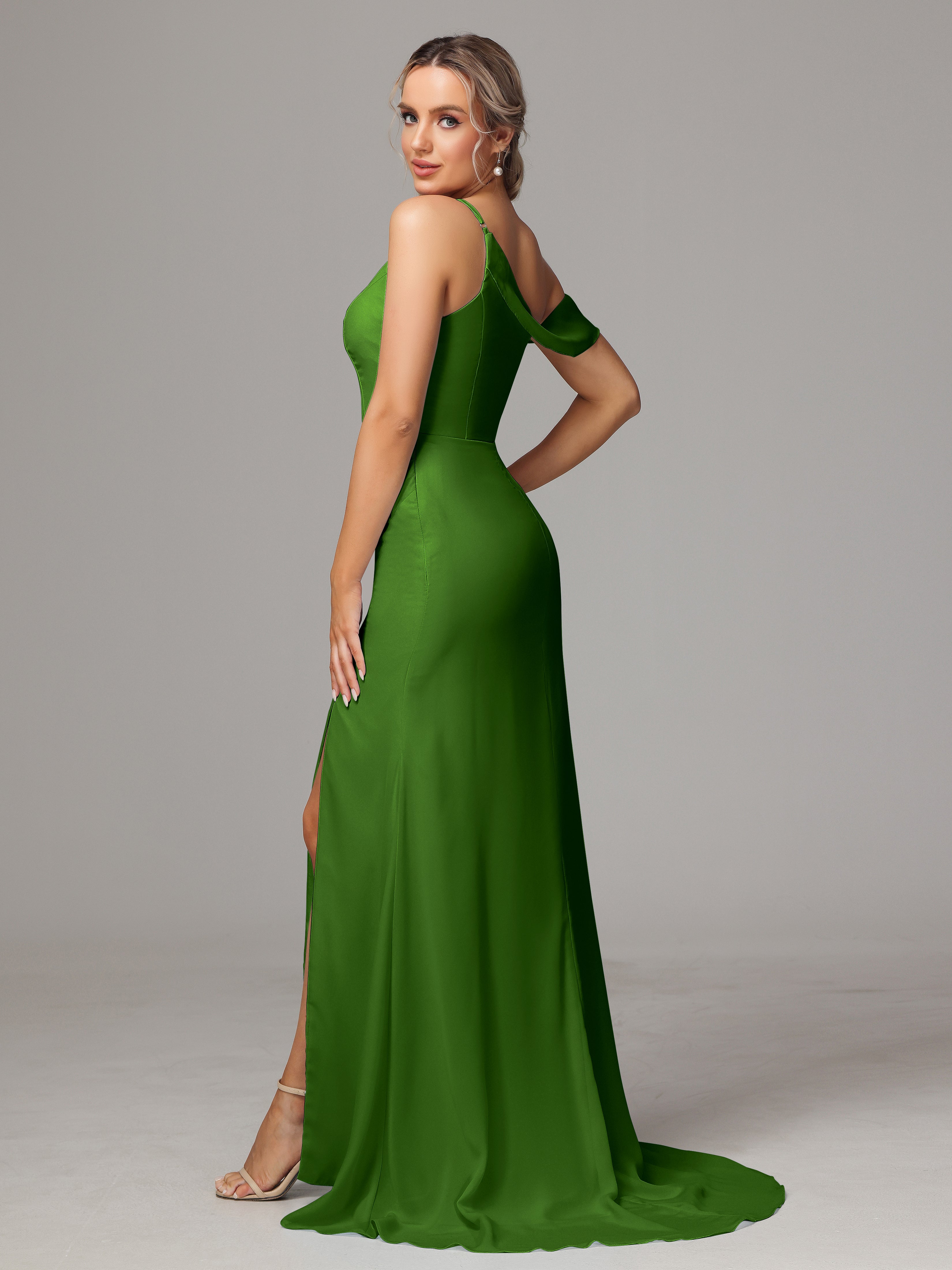 Robes De Demoiselle D'Honneur Vert Mousse Seule-Épaule Fendue A-Ligne Mousseline Longue Robes Demoiselle D'Honneur