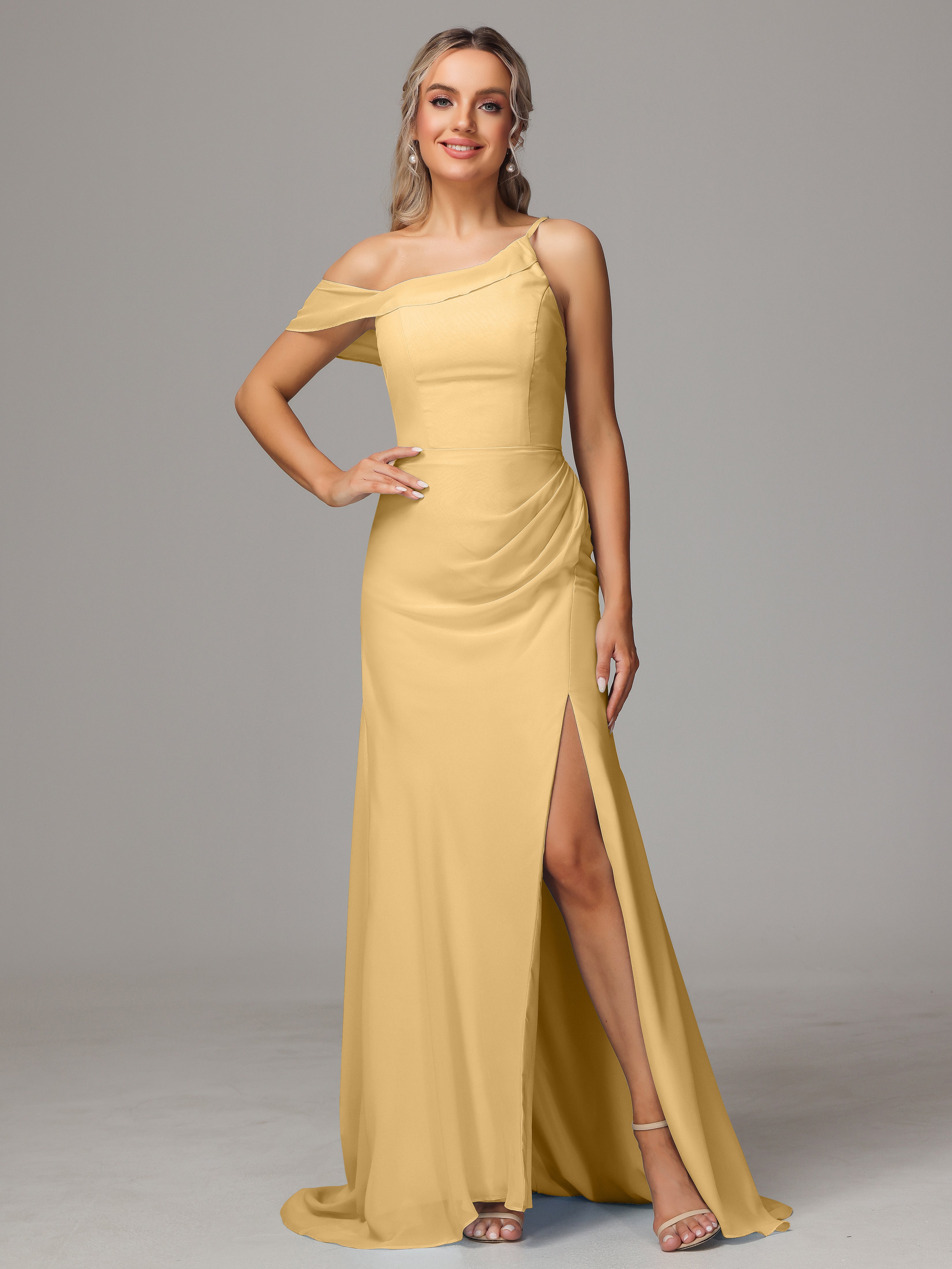 Robe Demoiselle D Honneur Or Seule-Épaule Fendue A-Ligne Mousseline Longue