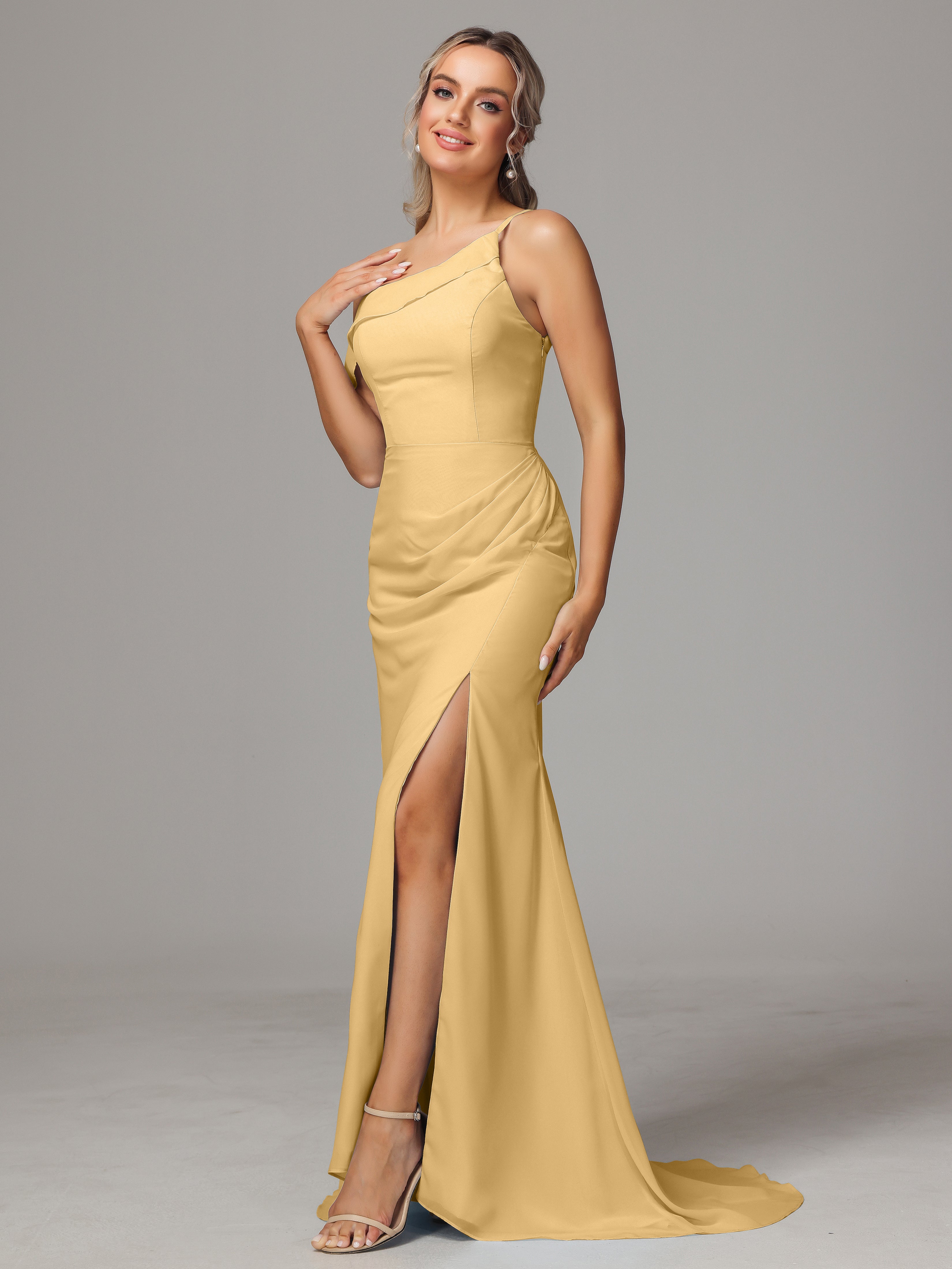 Robe Demoiselle D Honneur Or Seule-Épaule Fendue A-Ligne Mousseline Longue