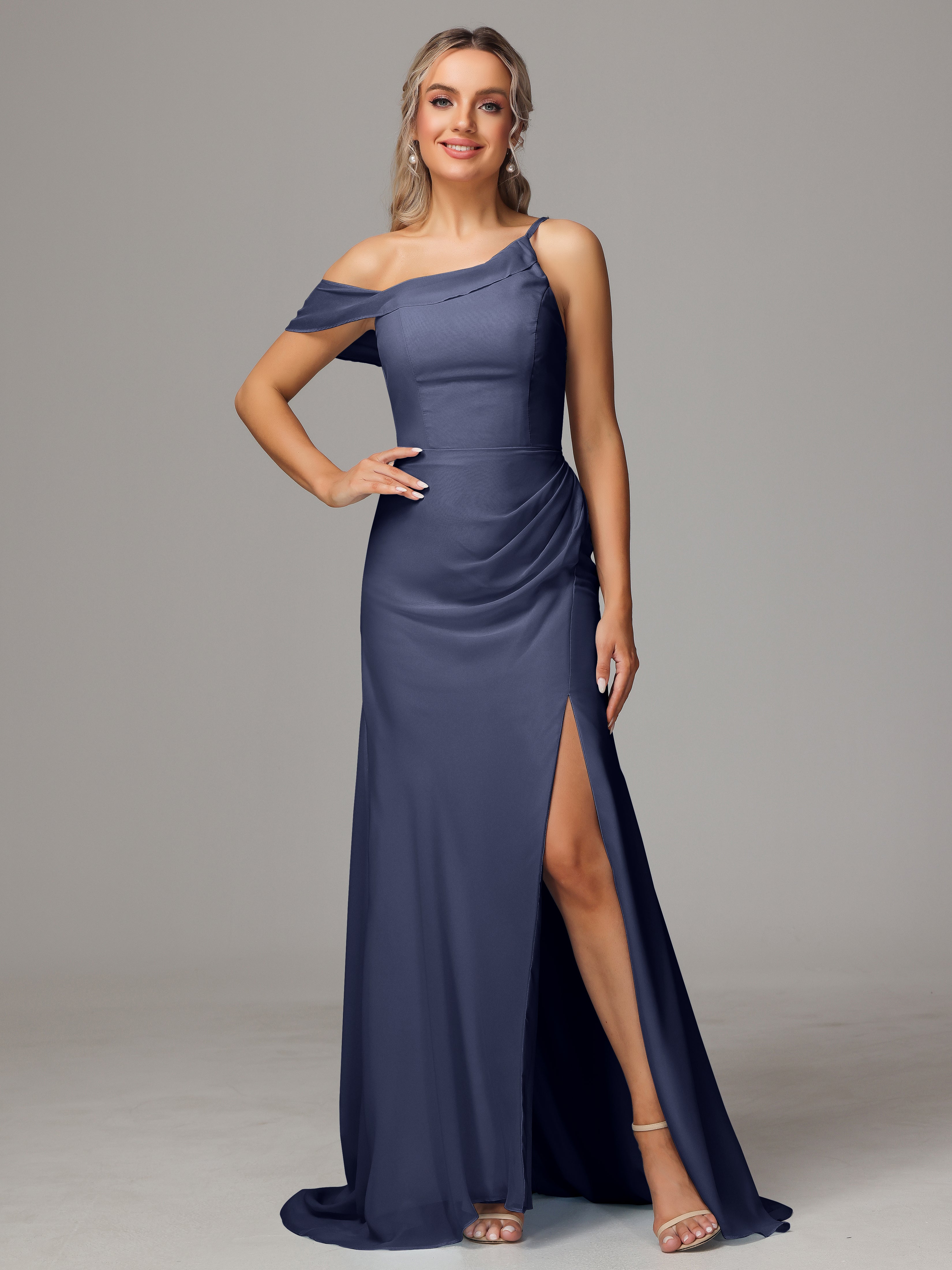 Robes De Demoiselle D'Honneur Bleu Orageux Seule-Épaule Fendue A-Ligne Mousseline Longue