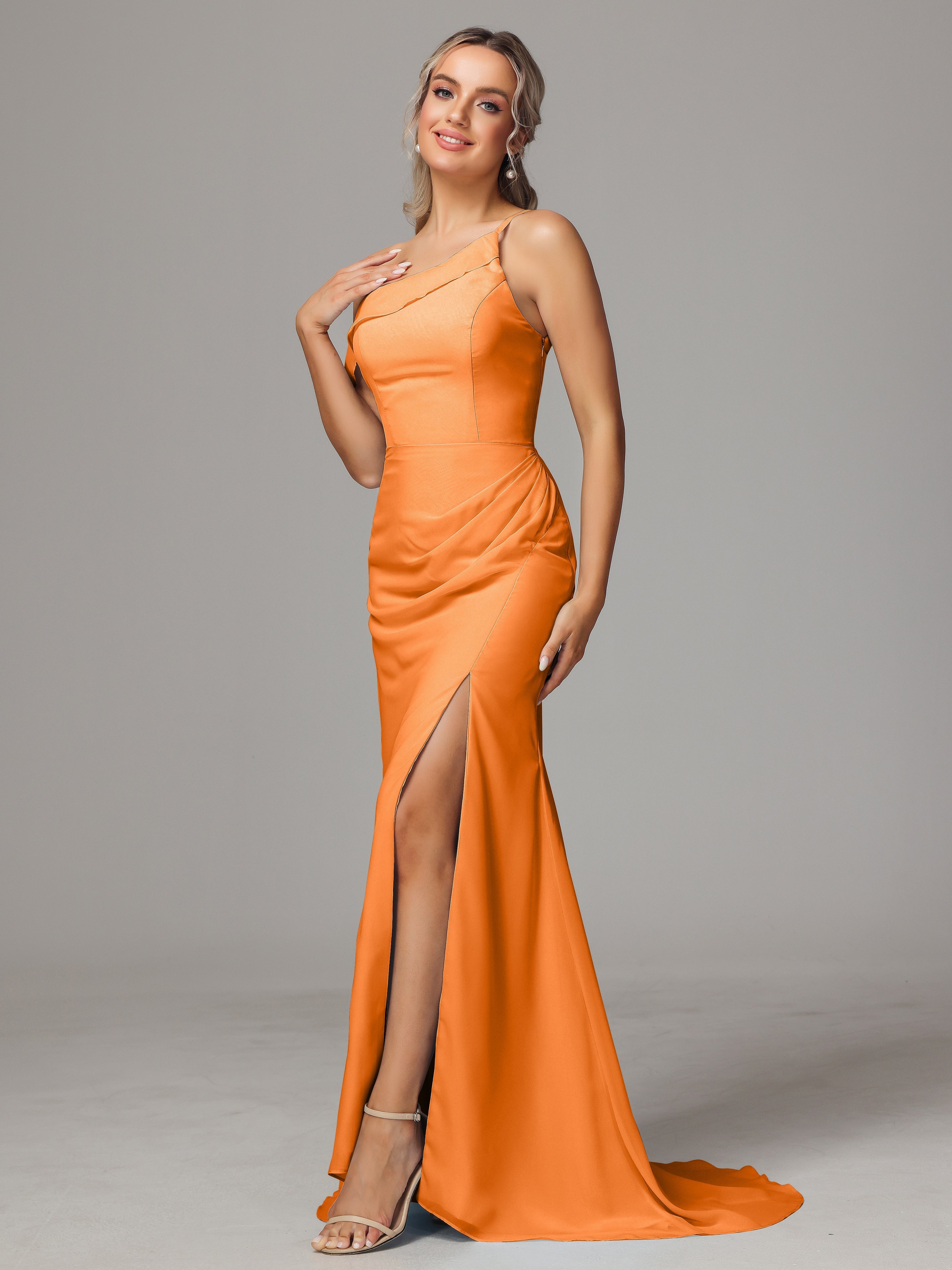 Robe Orange Demoiselle D Honneur Seule-Épaule Fendue A-Ligne Mousseline Longue