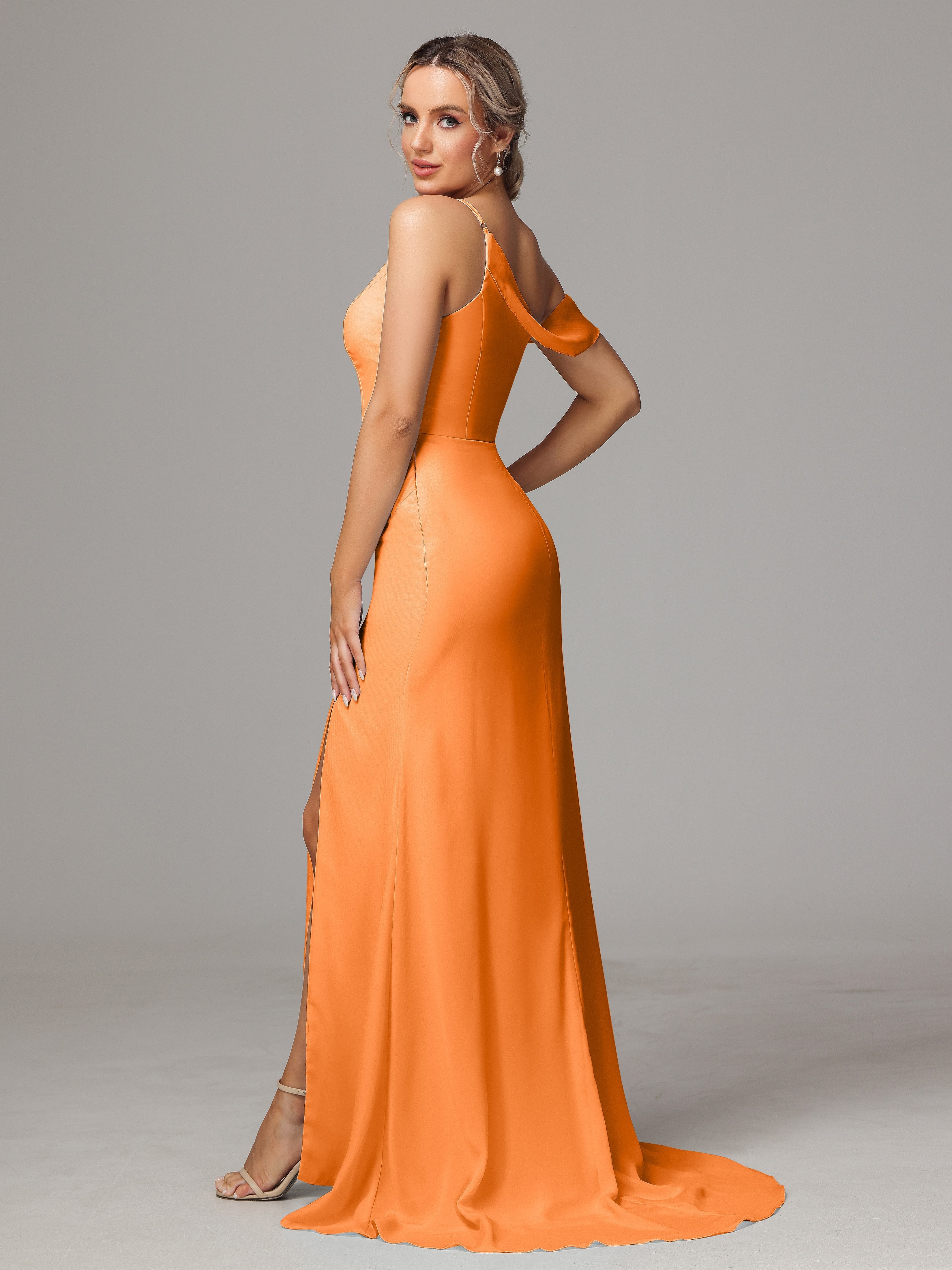 Robe Orange Demoiselle D Honneur Seule-Épaule Fendue A-Ligne Mousseline Longue