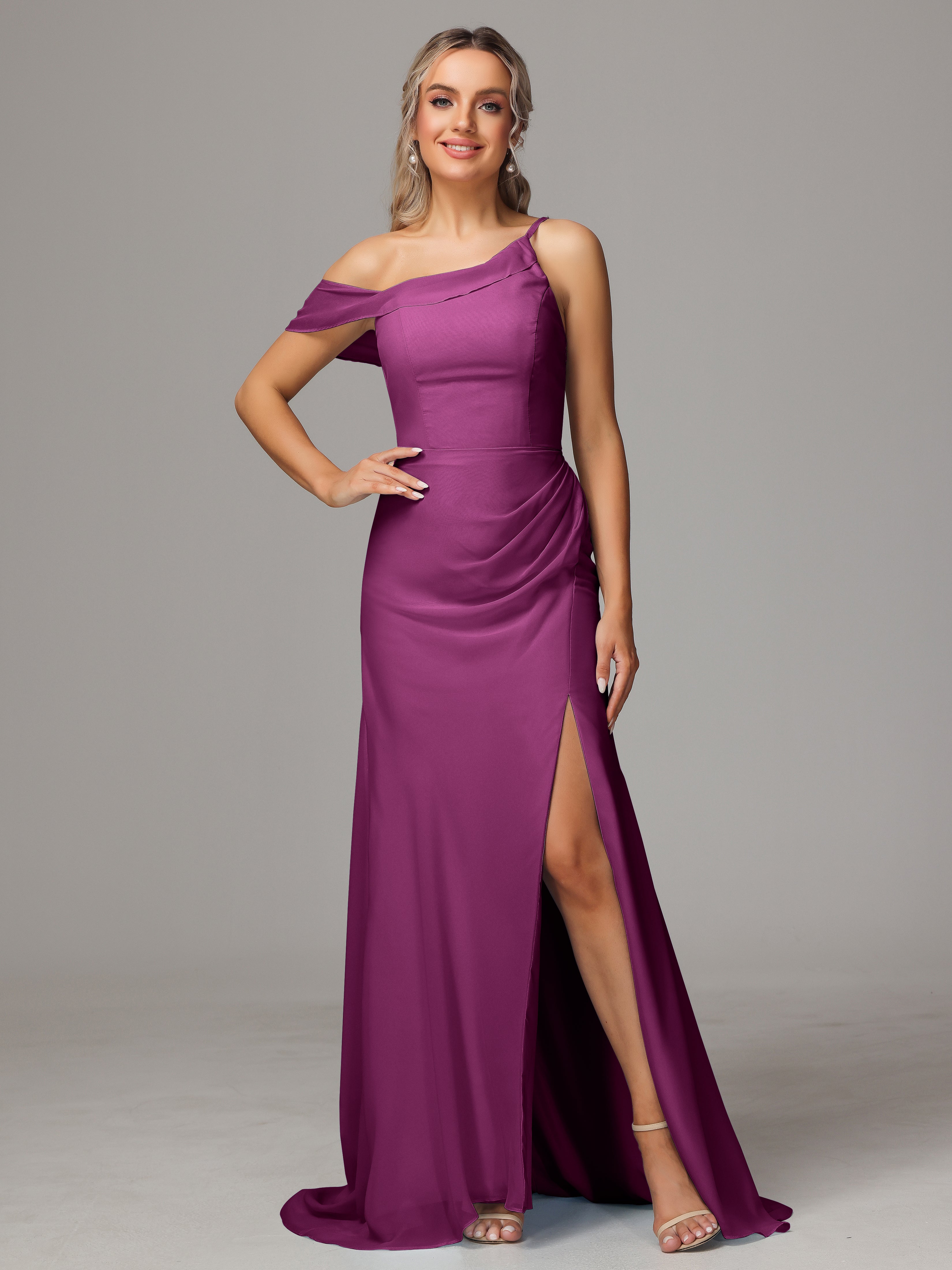 Robes De Demoiselle D'Honneur Orchidée Seule-Épaule Fendue A-Ligne Mousseline Longue