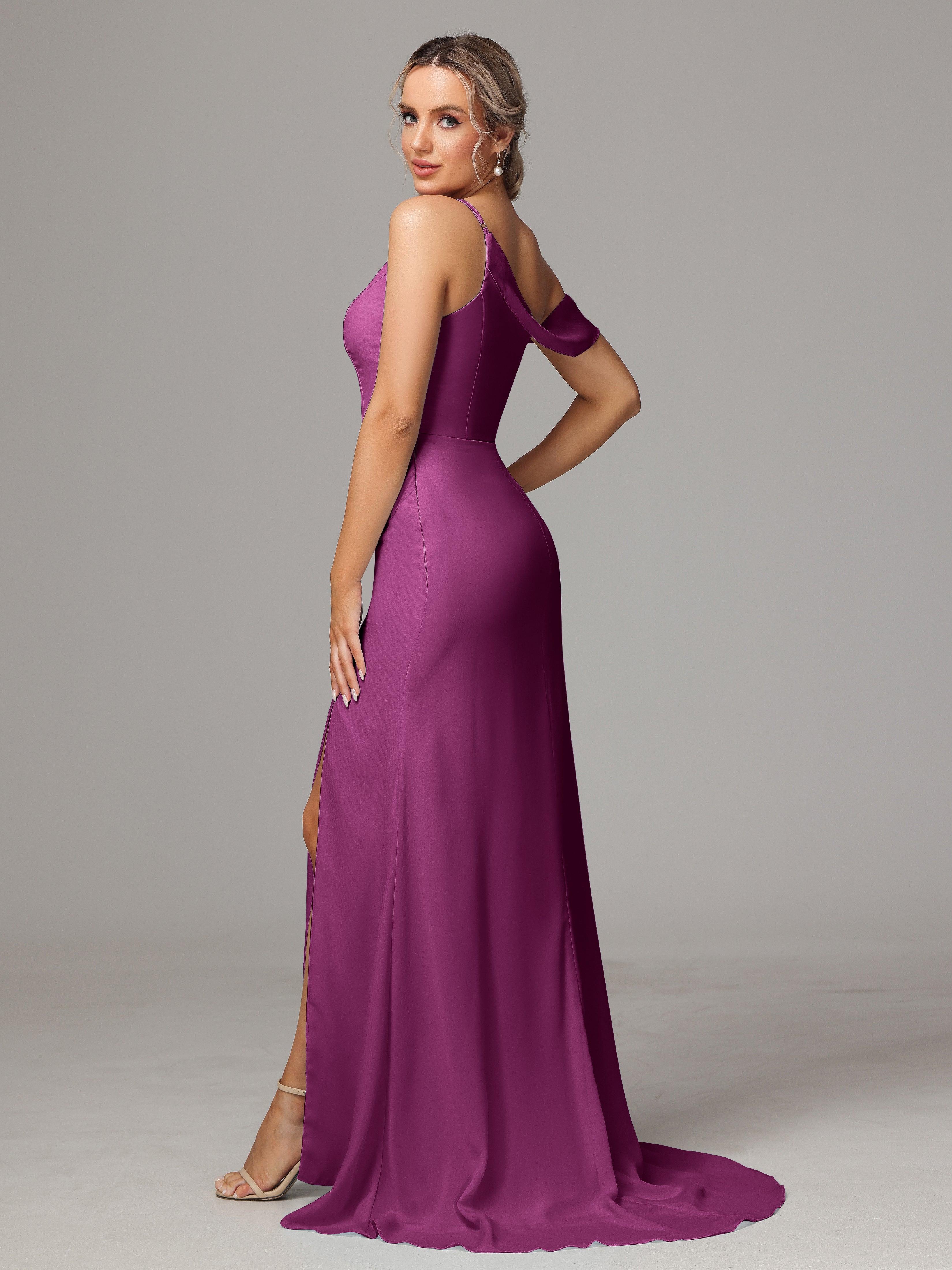 Robes De Demoiselle D'Honneur Orchidée Seule-Épaule Fendue A-Ligne Mousseline Longue