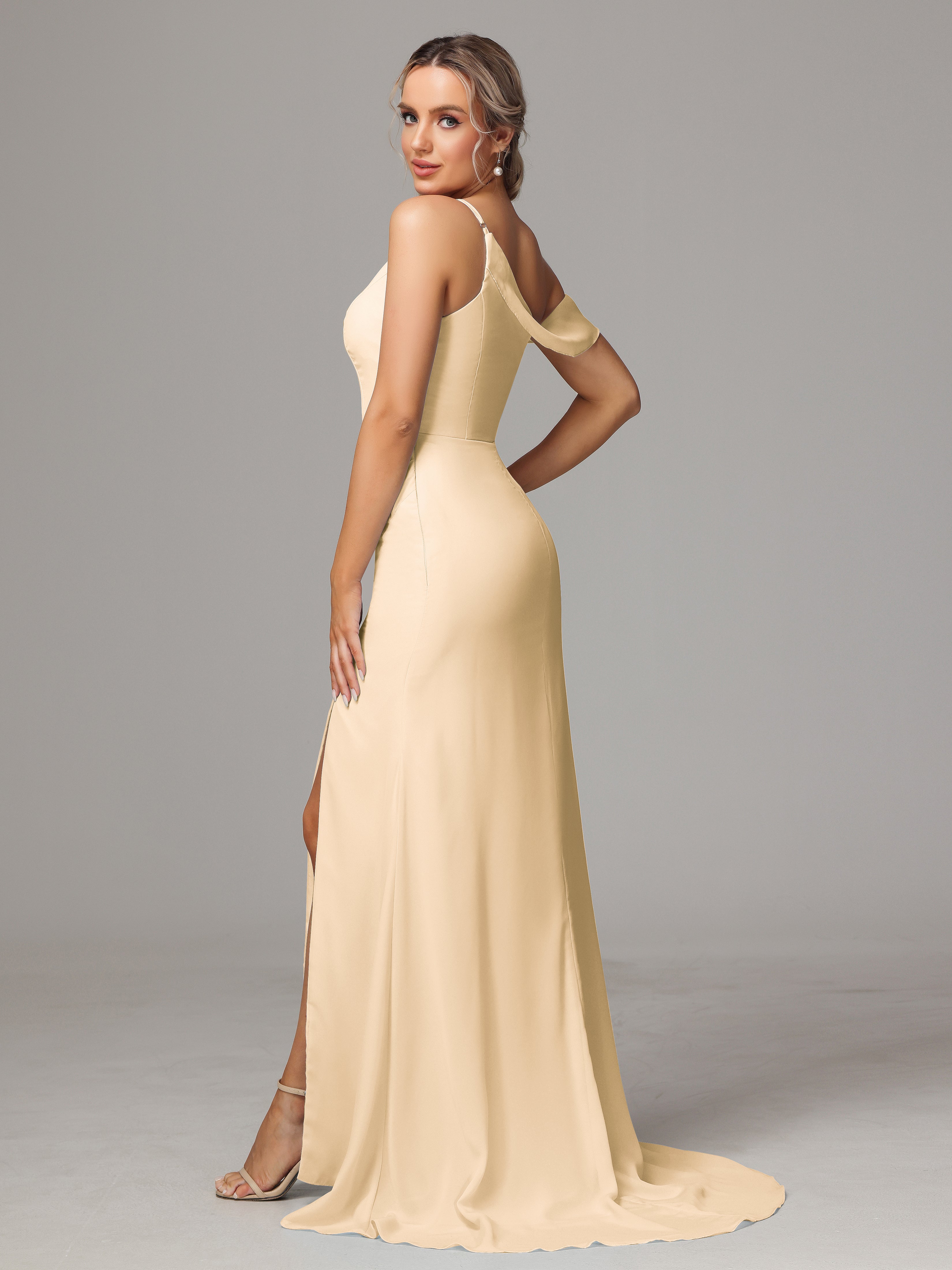 Robe Pêche Demoiselle D Honneur Seule-Épaule Fendue A-Ligne Mousseline Longue
