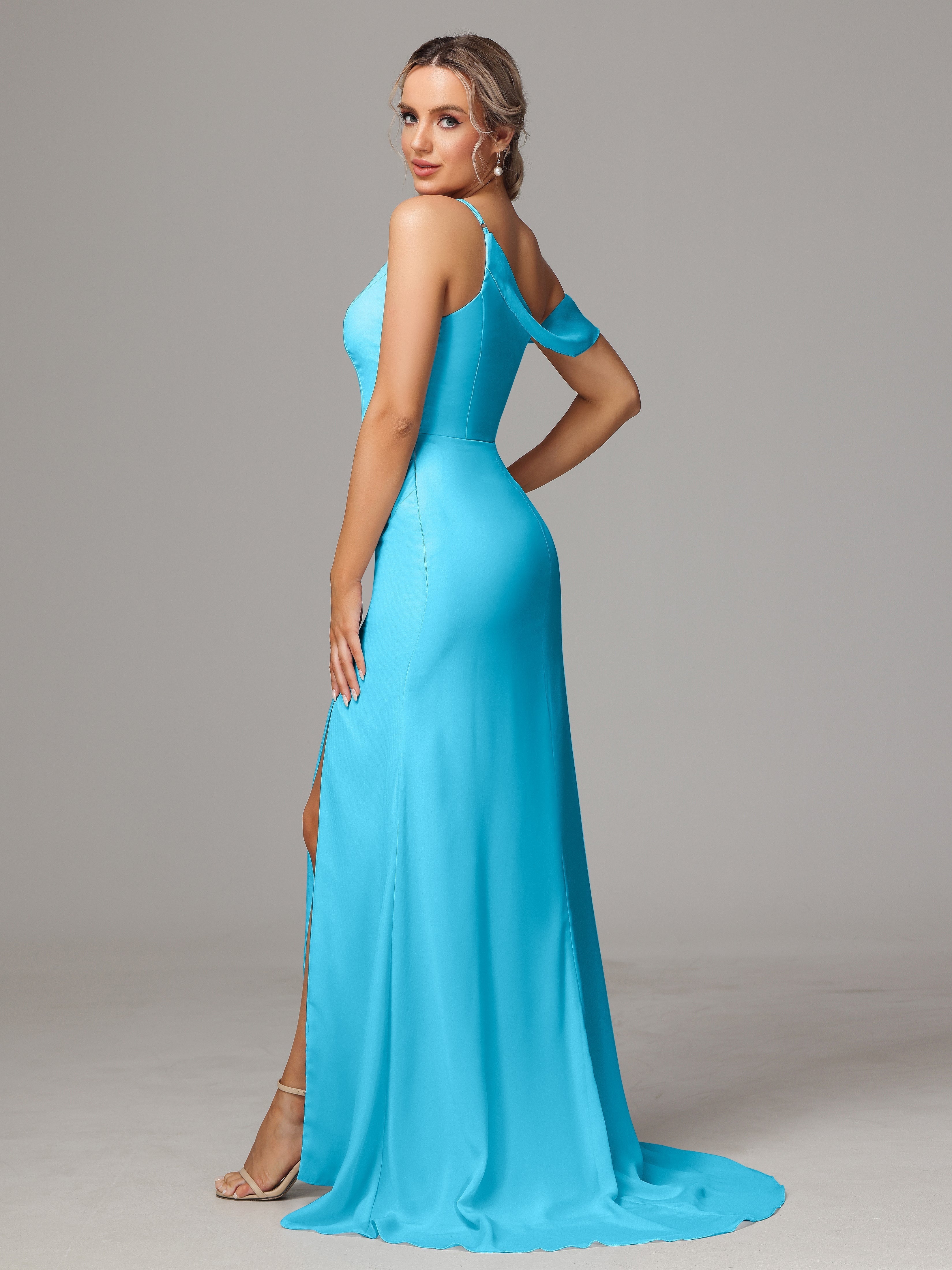 Robe De Demoiselle D'Honneur En Piscine Seule-Épaule Fendue A-Ligne Mousseline Longue