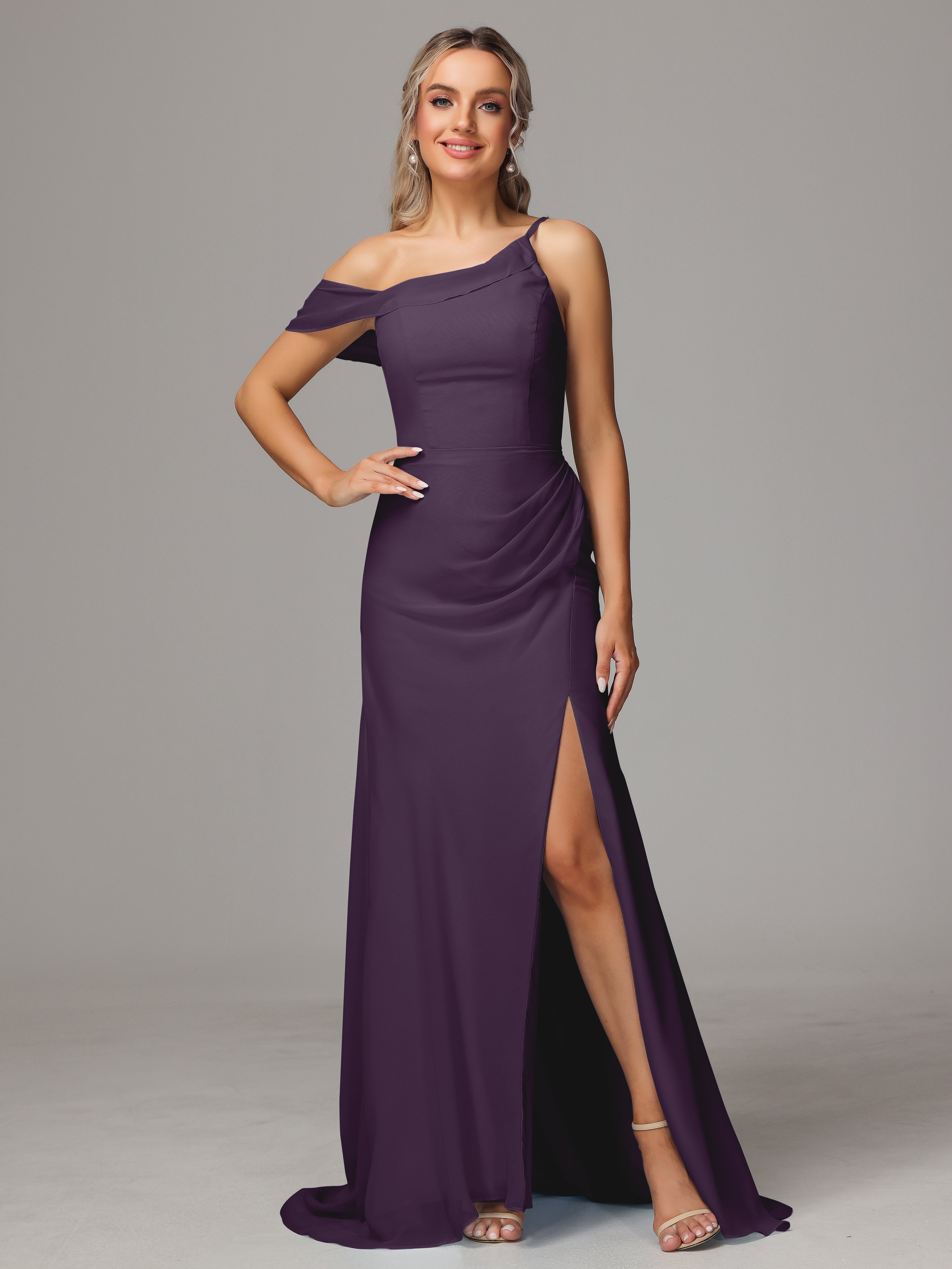Robe Demoiselle D Honneur Plume Seule-Épaule Fendue A-Ligne Mousseline Longue