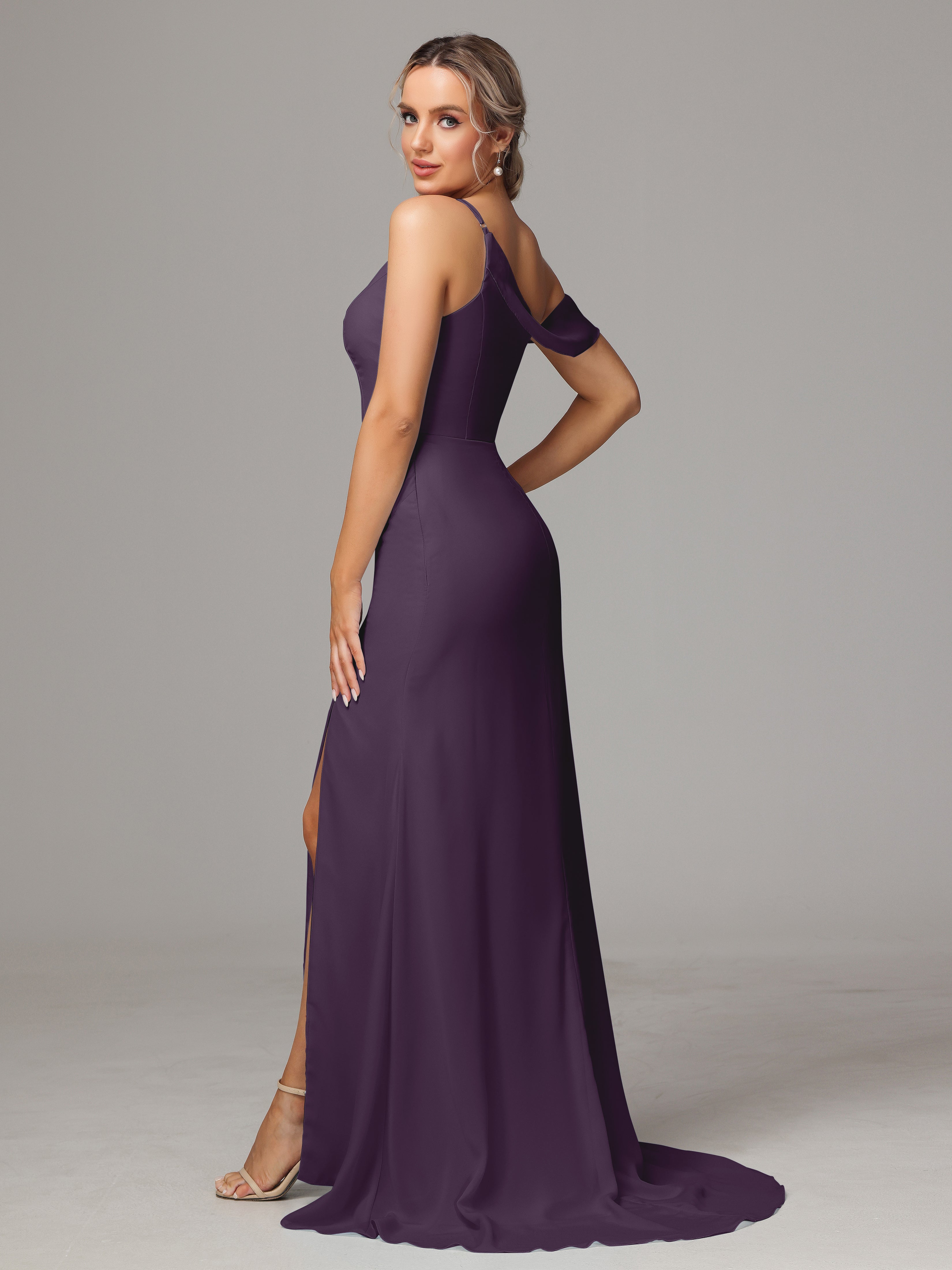 Robe Demoiselle D Honneur Plume Seule-Épaule Fendue A-Ligne Mousseline Longue