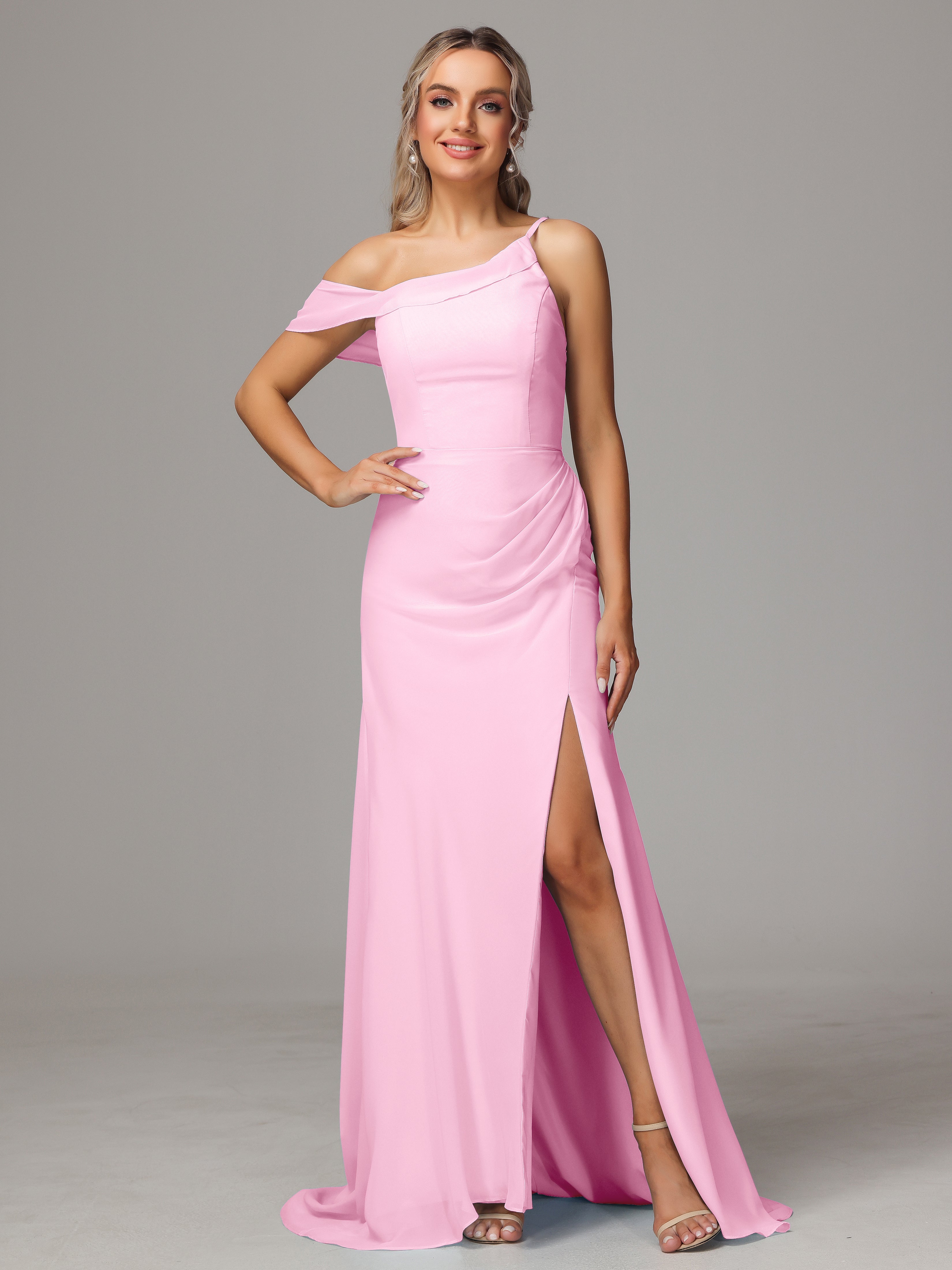 Robe Demoiselle D Honneur Rose Bonbon Seule-Épaule Fendue A-Ligne Mousseline Longue