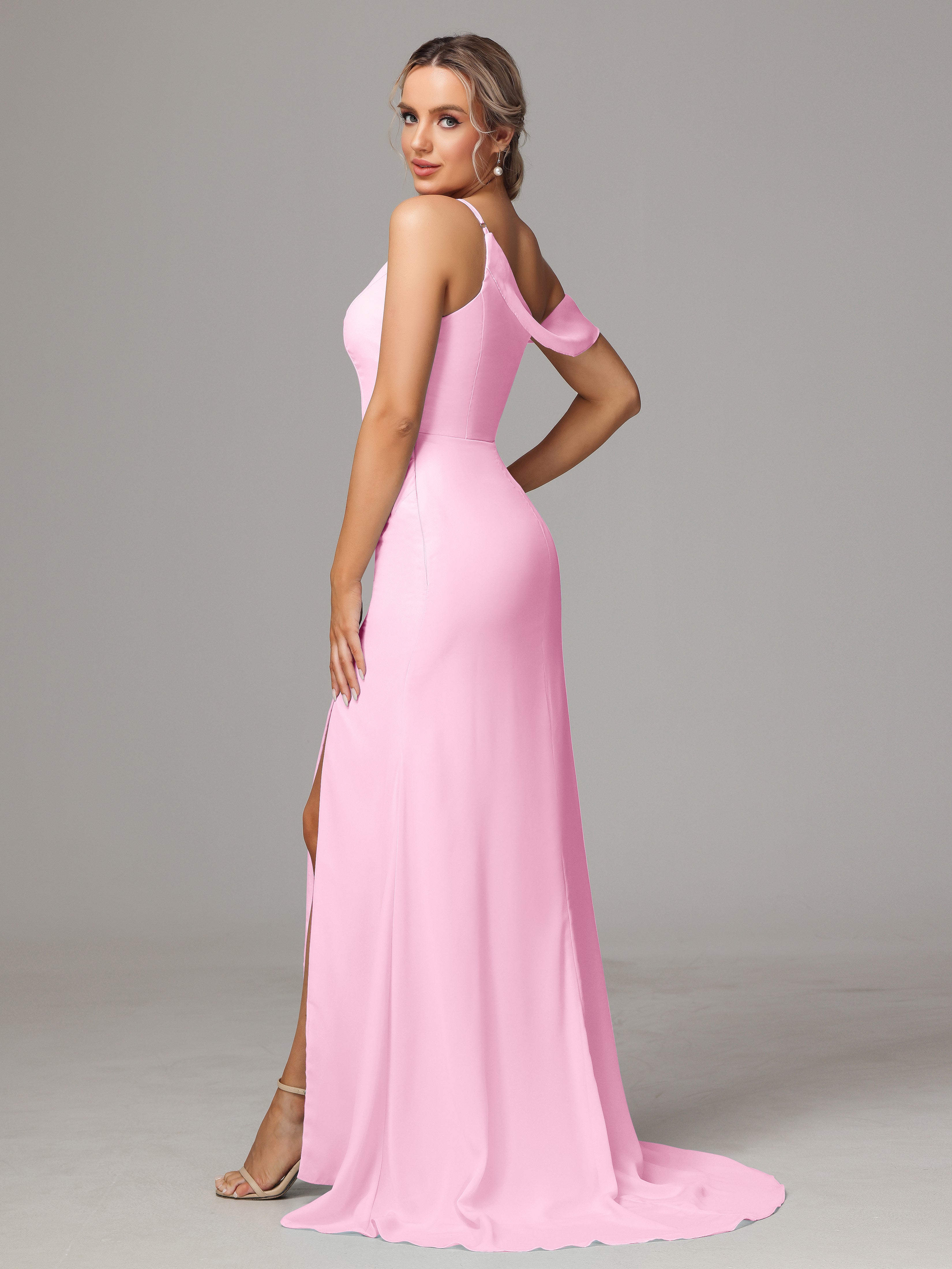 Robe Demoiselle D Honneur Rose Bonbon Seule-Épaule Fendue A-Ligne Mousseline Longue