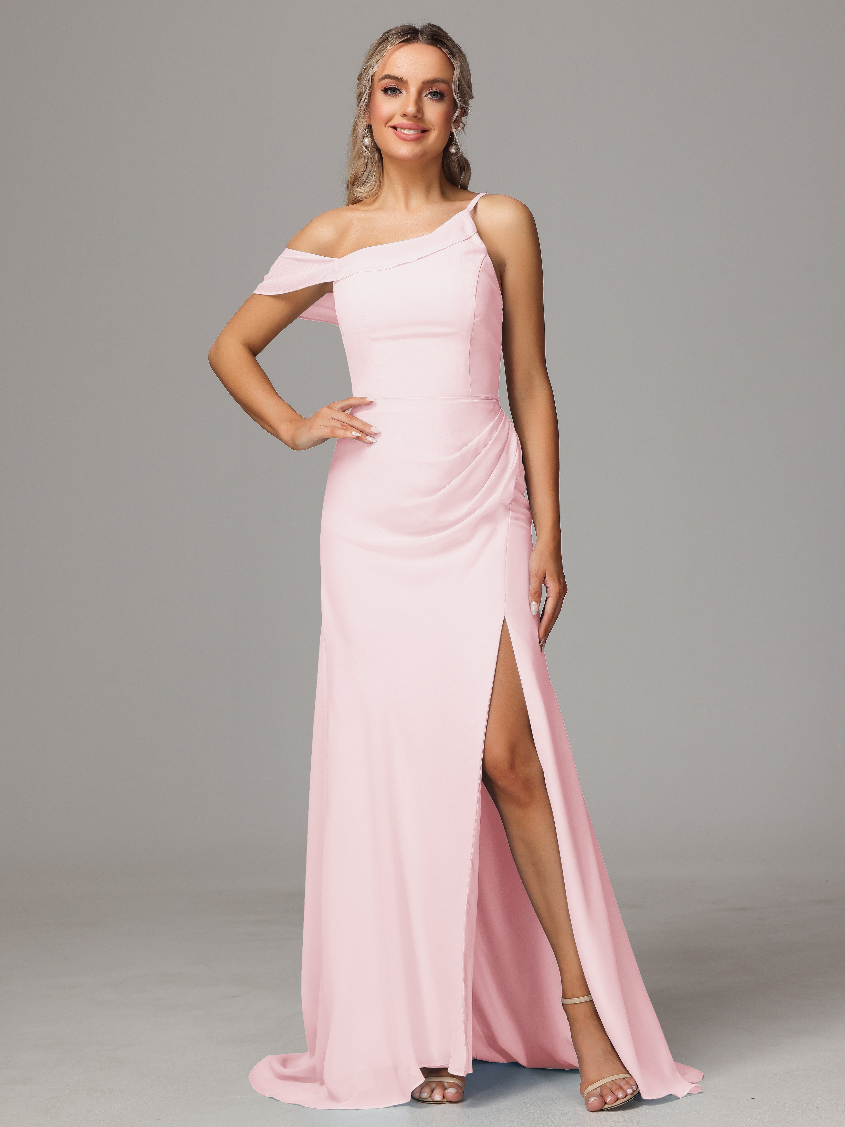 Robe Longue Mousseline Rose Pale Seule-Épaule Fendue A-Ligne Mousseline Longue