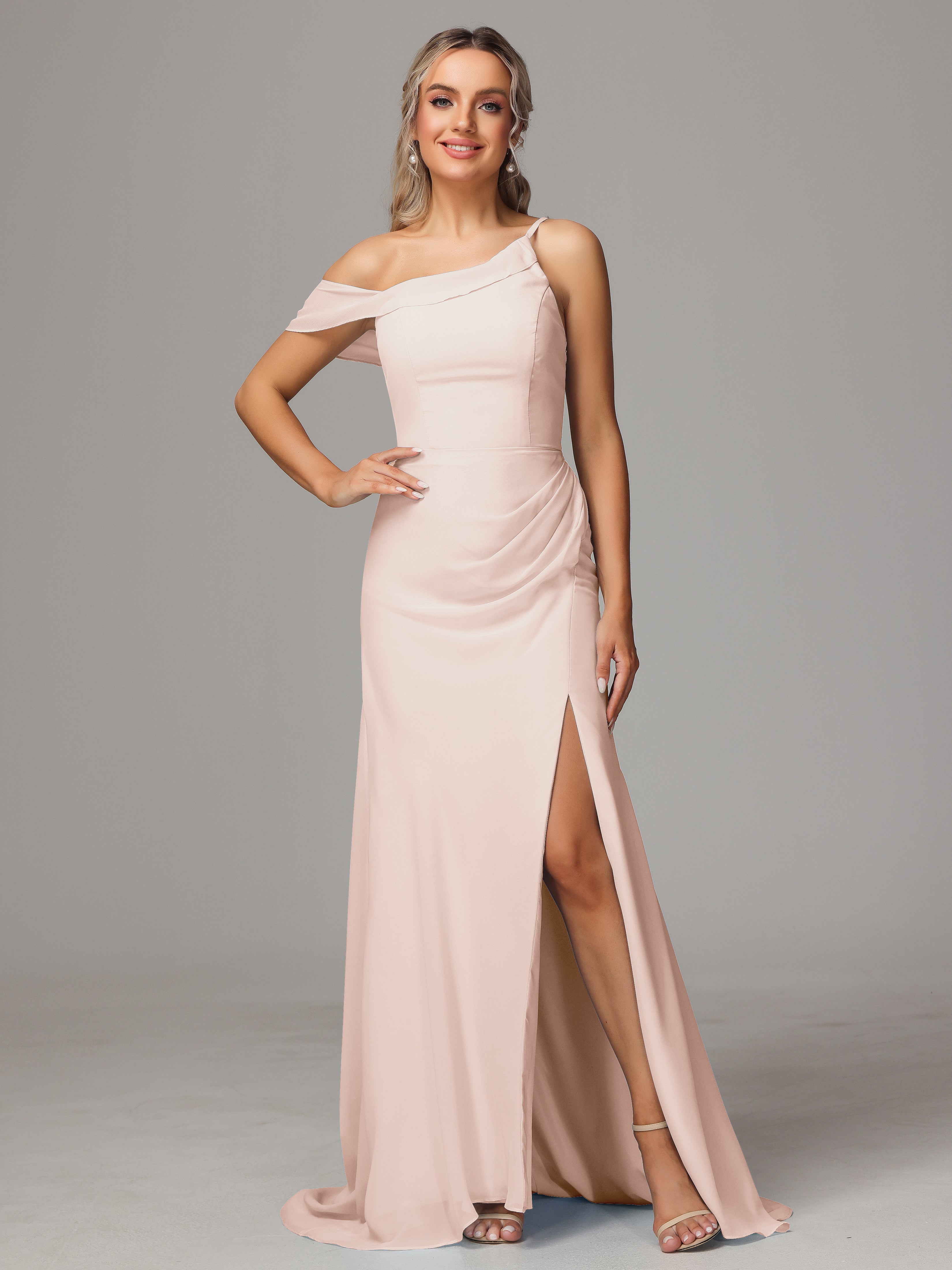 Robe Demoiselle D Honneur Rose Perle Seule-Épaule Fendue A-Ligne Mousseline Longue
