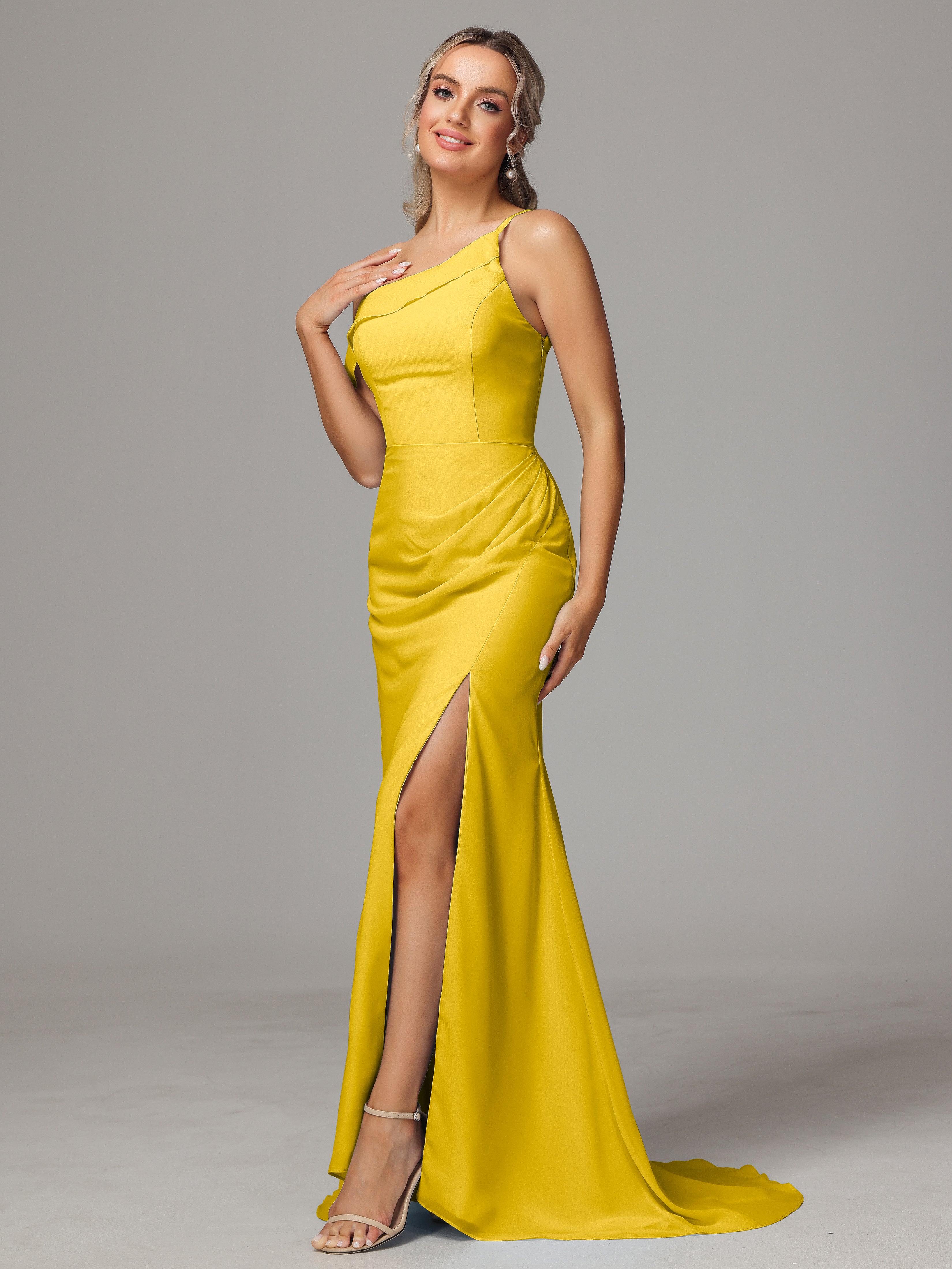 Robe De Demoiselle D'Honneur Souci Seule-Épaule Fendue A-Ligne Mousseline Longue