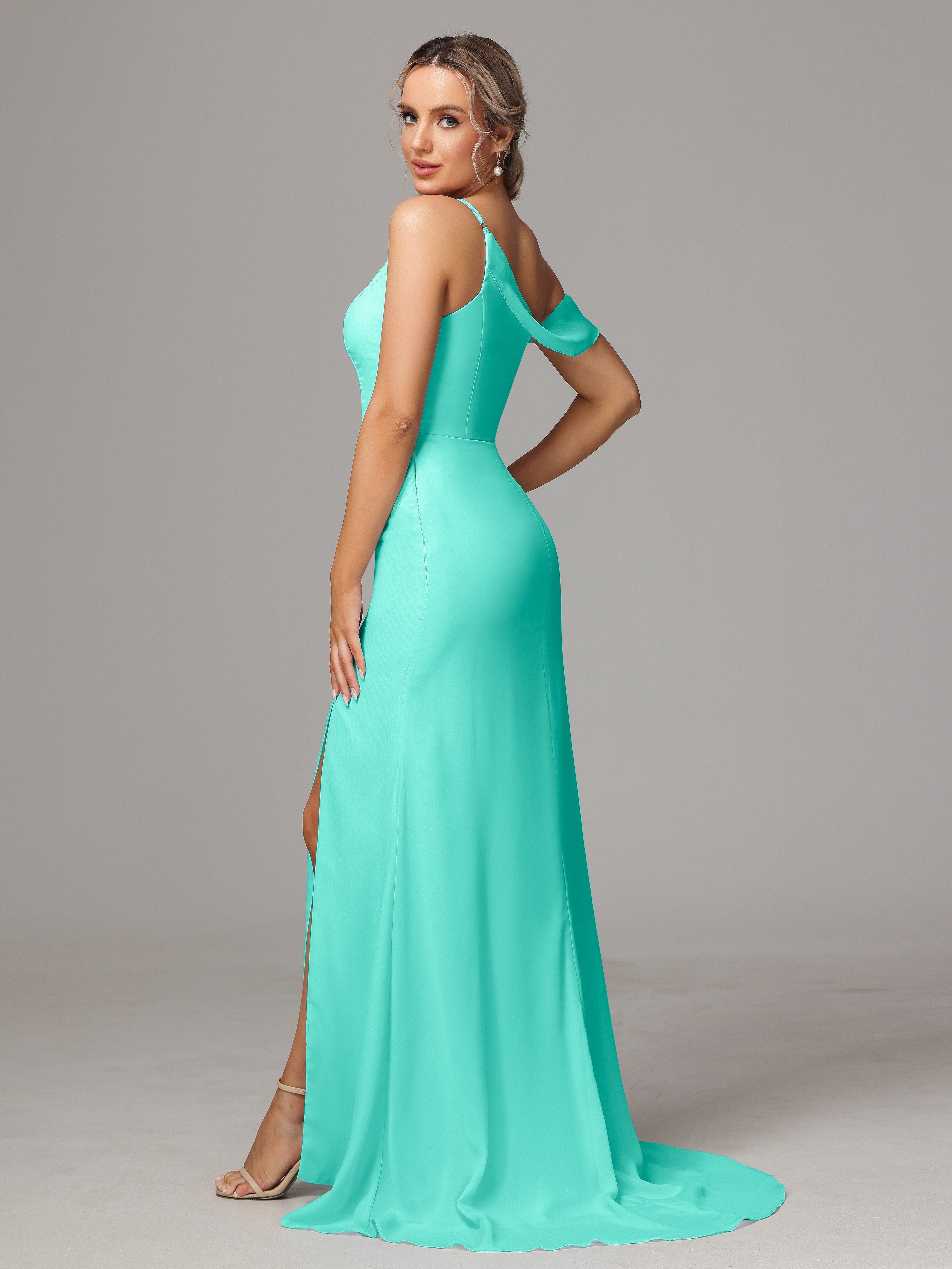 Robes De Demoiselle D'Honneur Spa Seule-Épaule Fendue A-Ligne Mousseline Longue