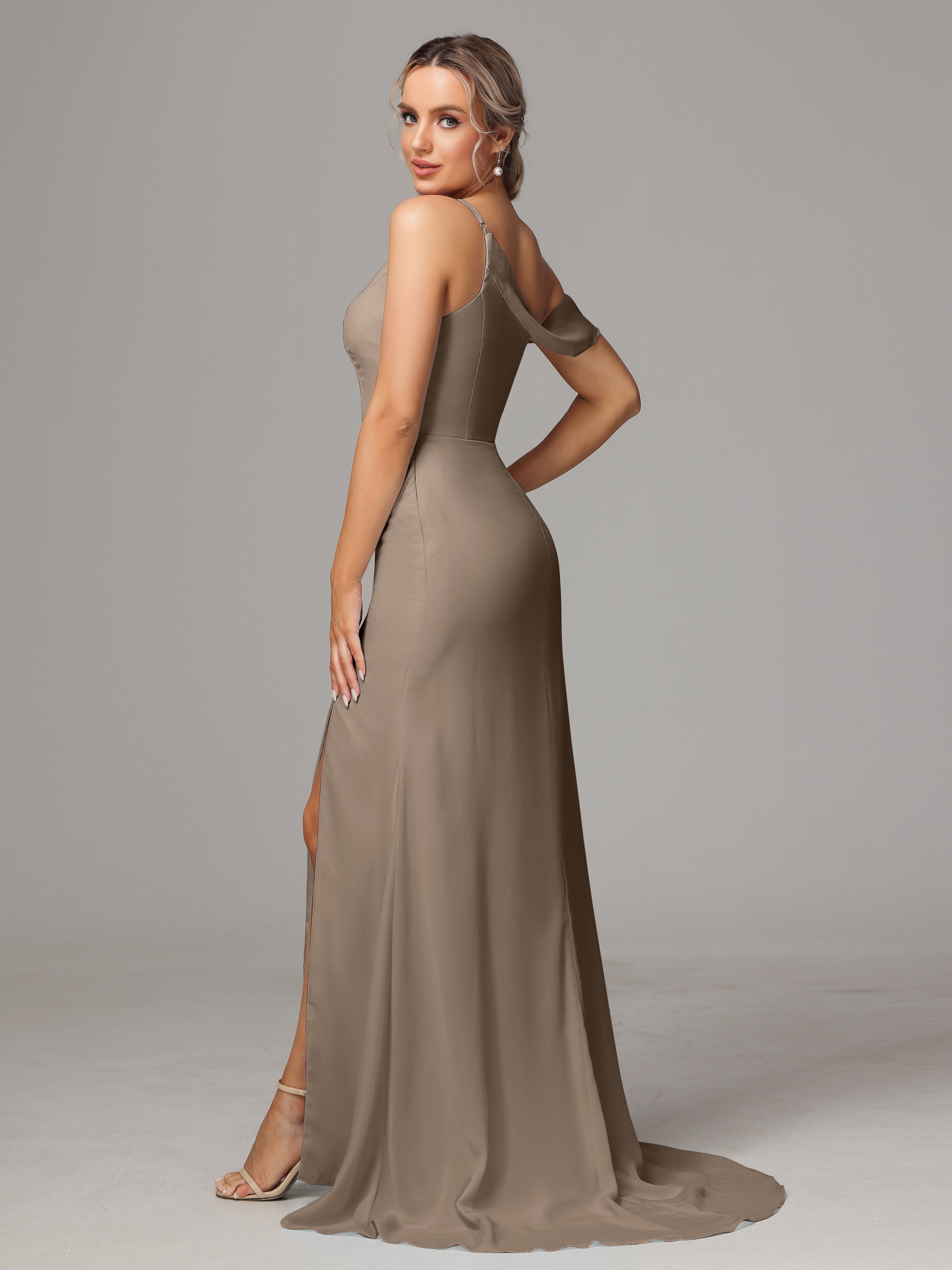 Robe De Couleur Taupe Seule-Épaule Fendue A-Ligne Mousseline Longue
