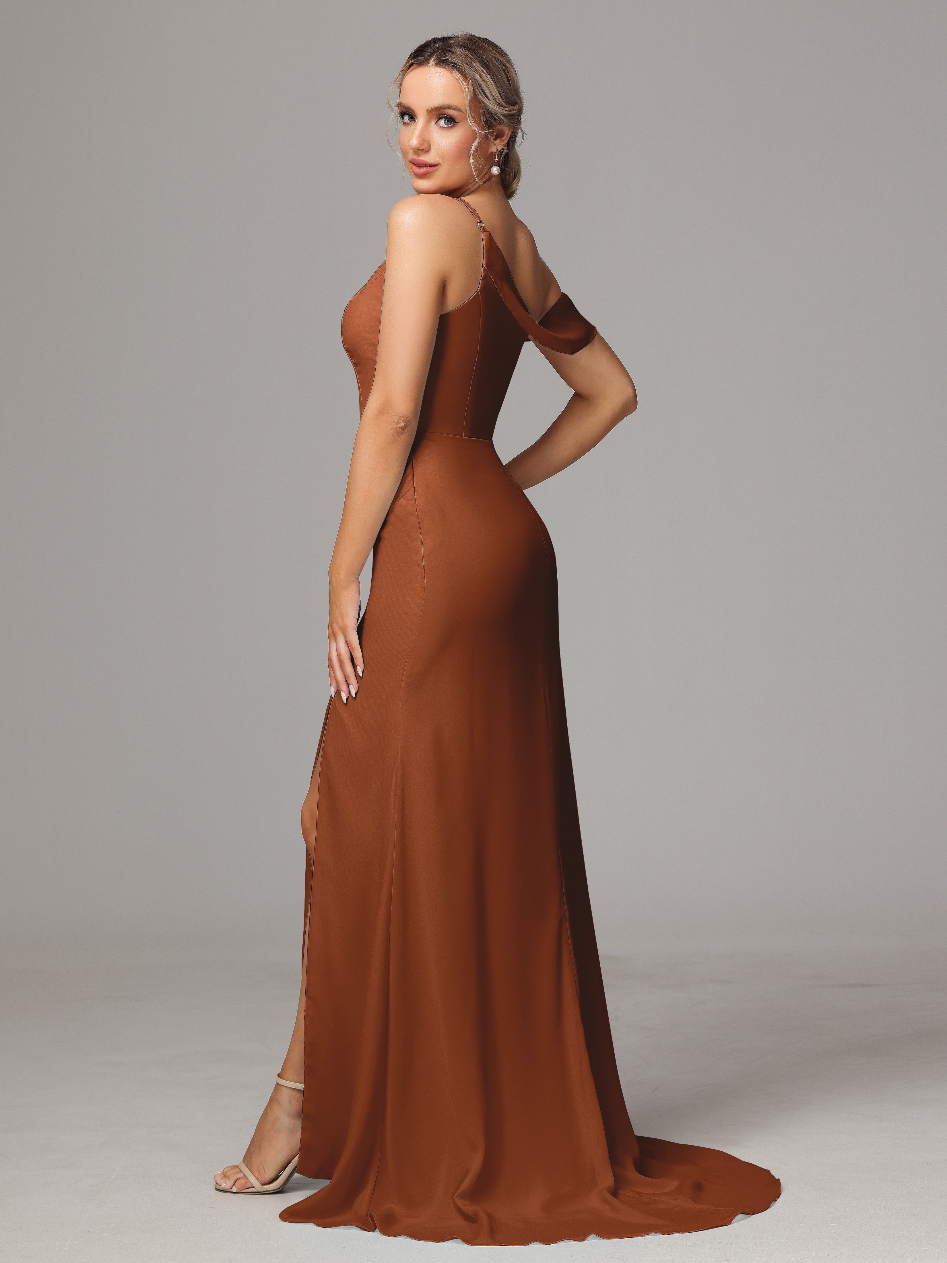 Demoiselle D Honneur Terracotta Seule-Épaule Fendue Trapèze Mousseline Longue Robes Demoiselle D'Honneur