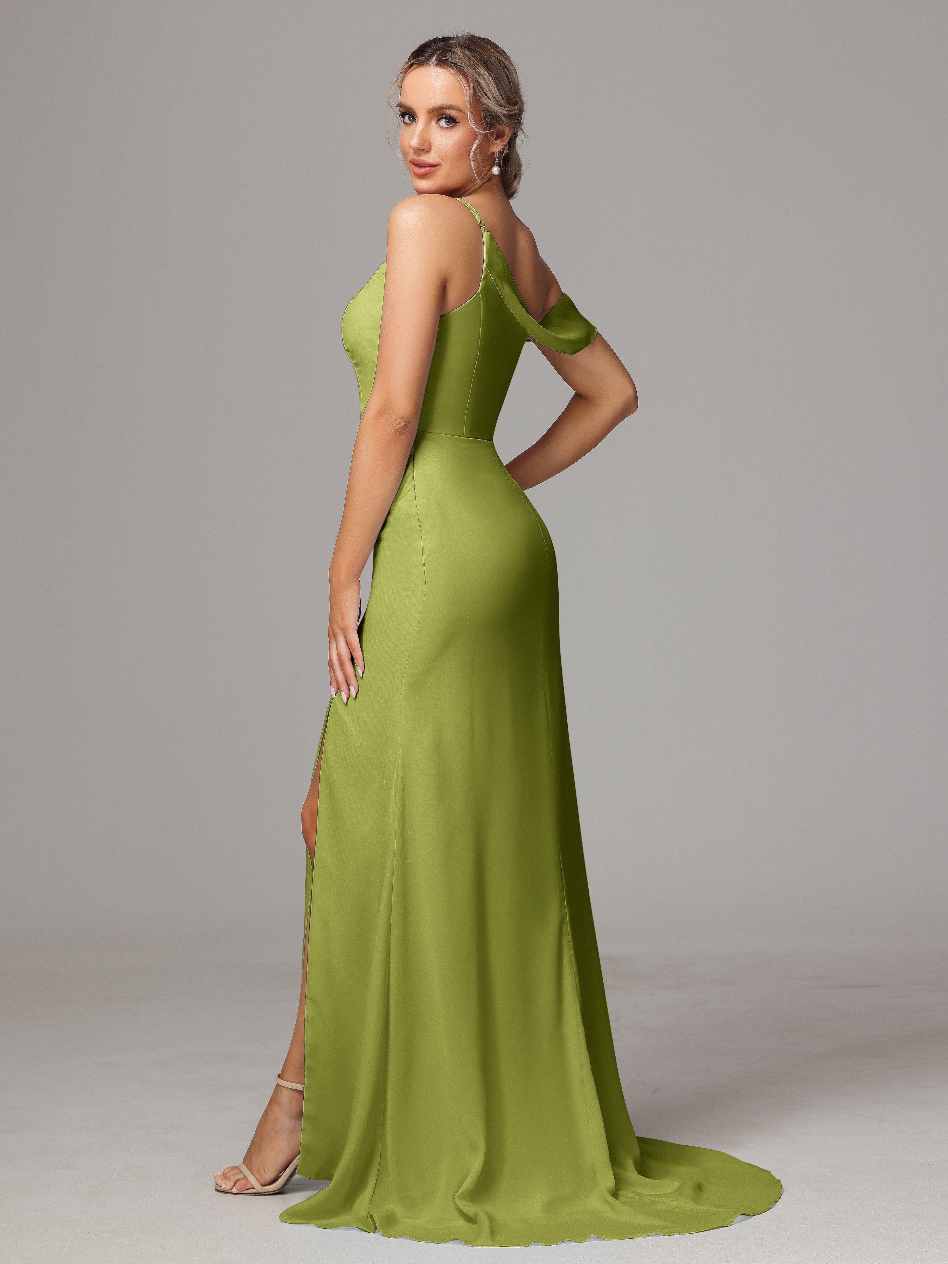 Robes De Demoiselle D'Honneur Trèfle Seule-Épaule Fendue A-Ligne Mousseline Longue