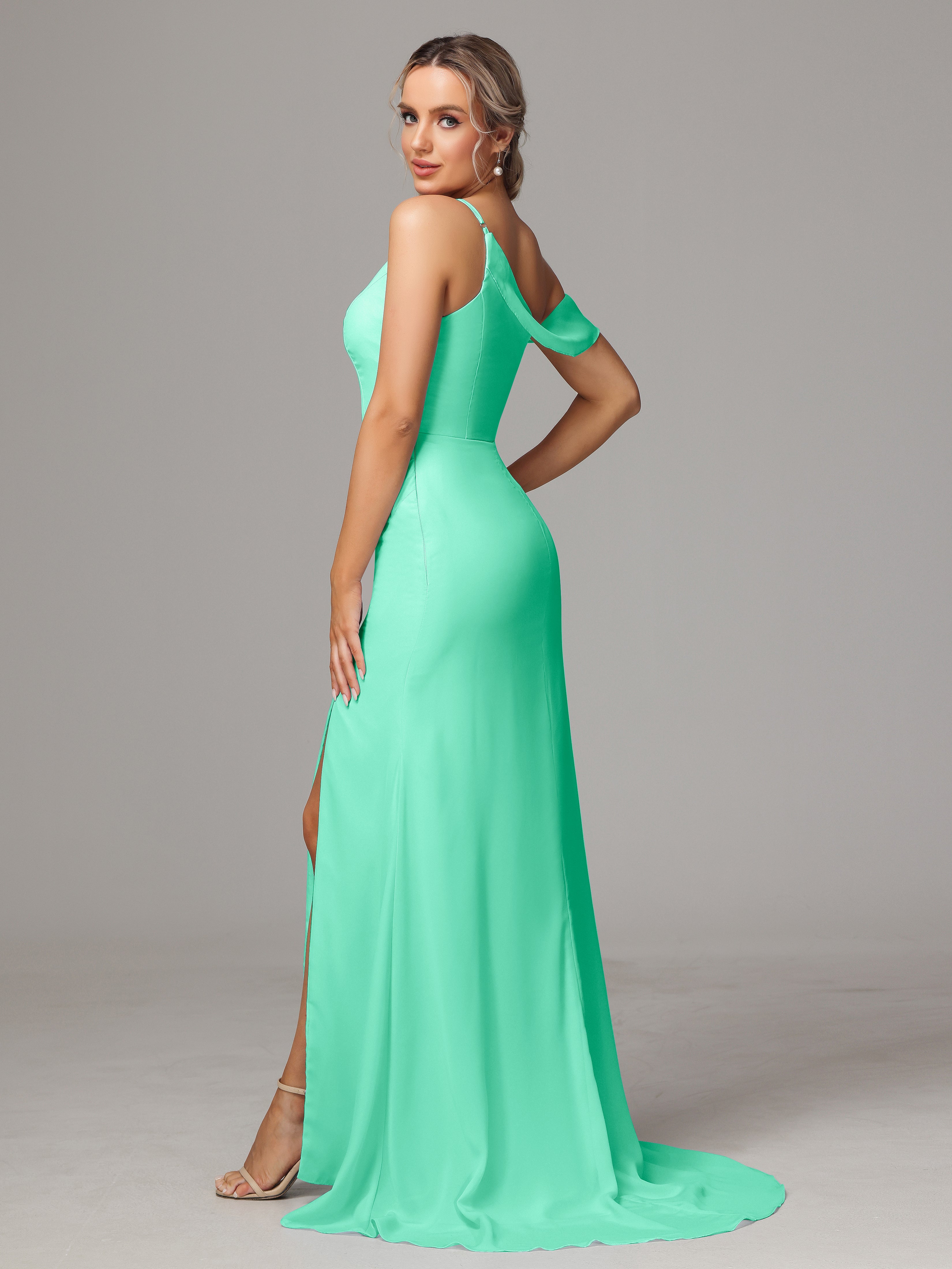Robe De Demoiselle D Honneur Bleu Turquoise Seule-Épaule Fendue A-Ligne Mousseline Longue