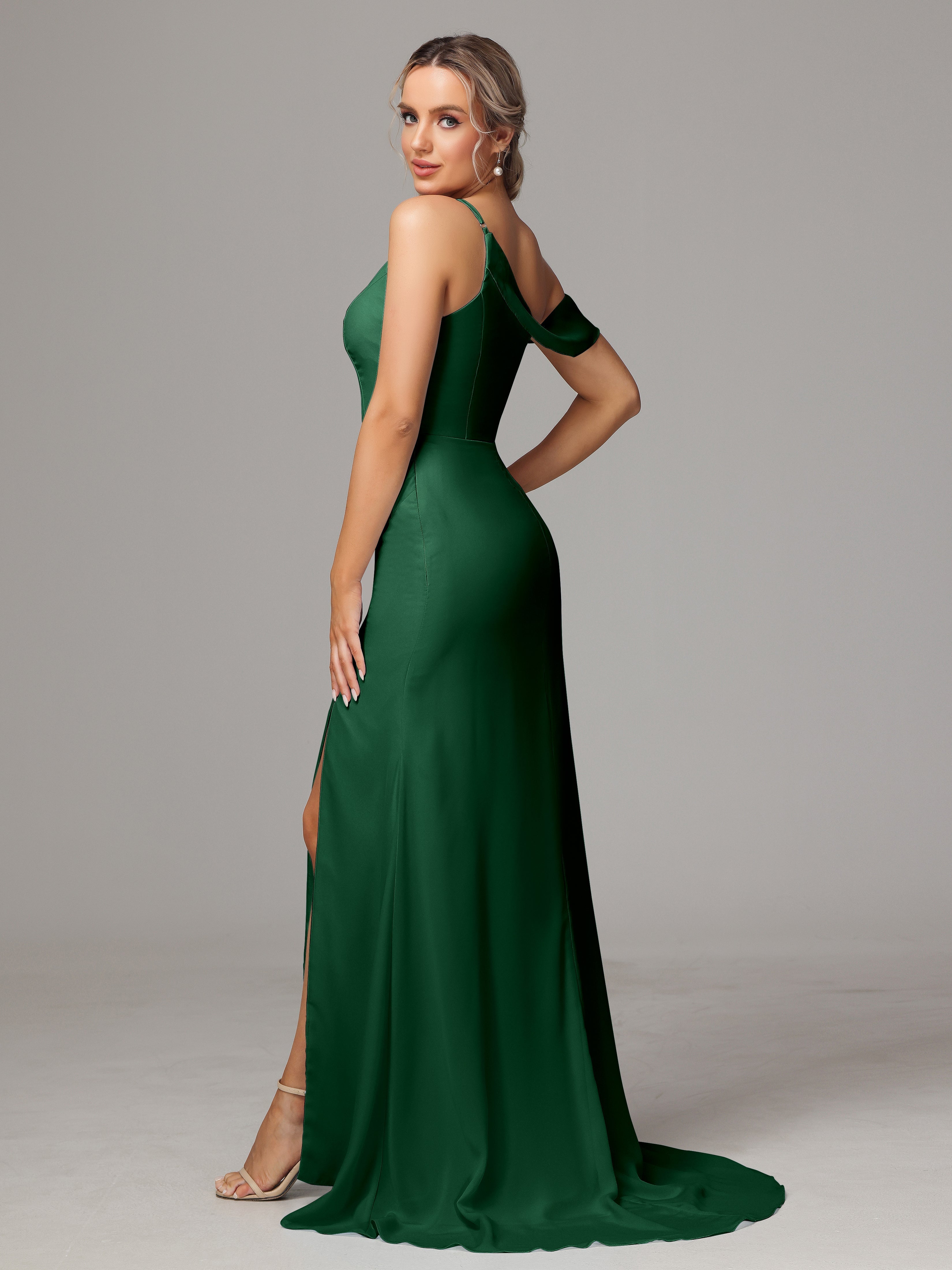 Robe Demoiselle D Honneur Vert Foncé Seule-Épaule Fendue A-Ligne Mousseline Longue